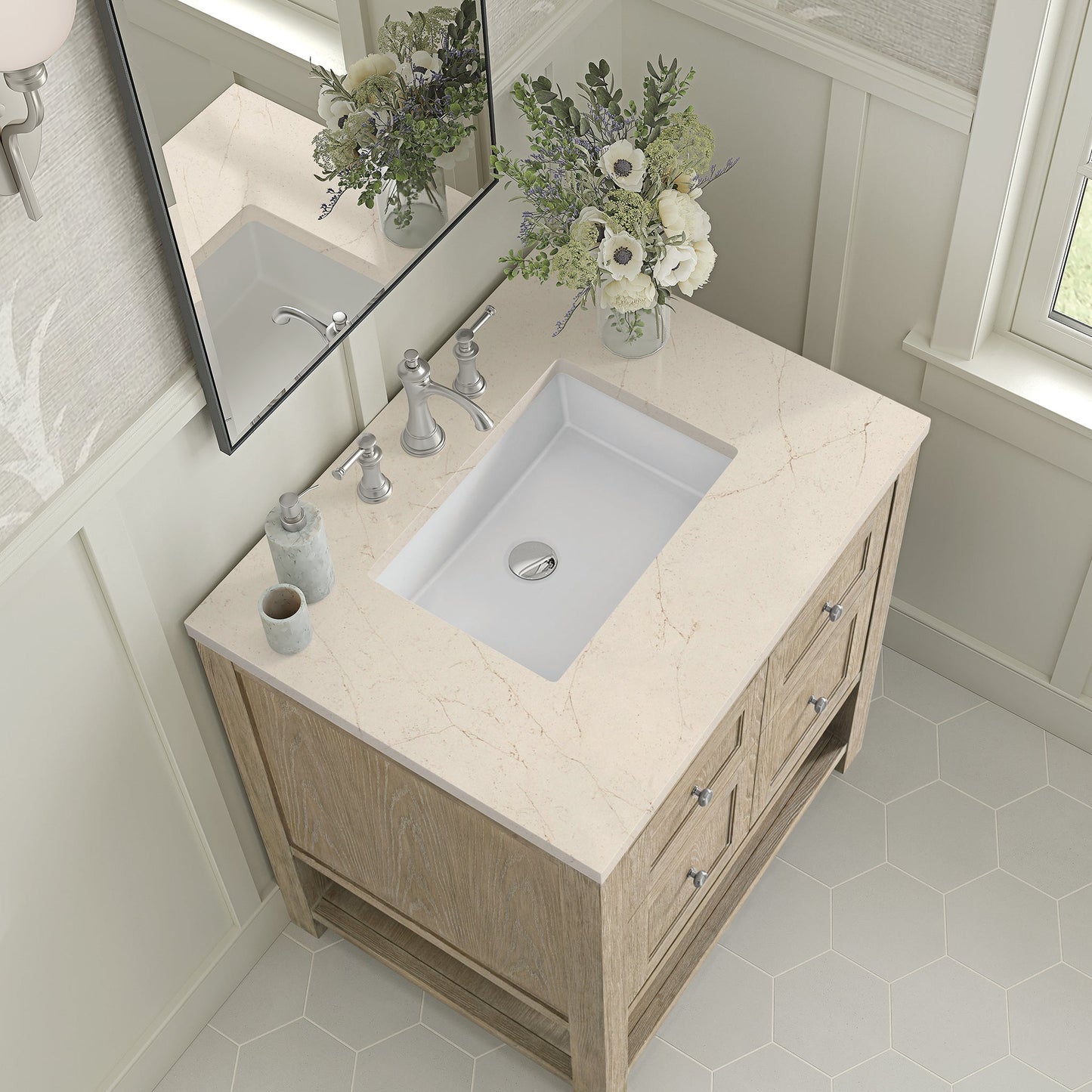 
                  
                    Breckenridge 30" Single Vanity in Whitewashed Oak Single Vanity James Martin Vanities Eternal Marfil Silestone 
                  
                