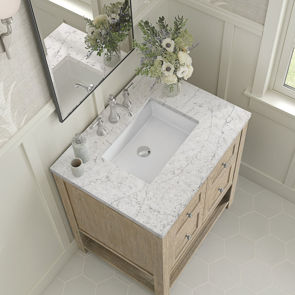 
                  
                    Breckenridge 30" Single Vanity in Whitewashed Oak Single Vanity James Martin Vanities Eternal Pearl Jasmine Silestone 
                  
                