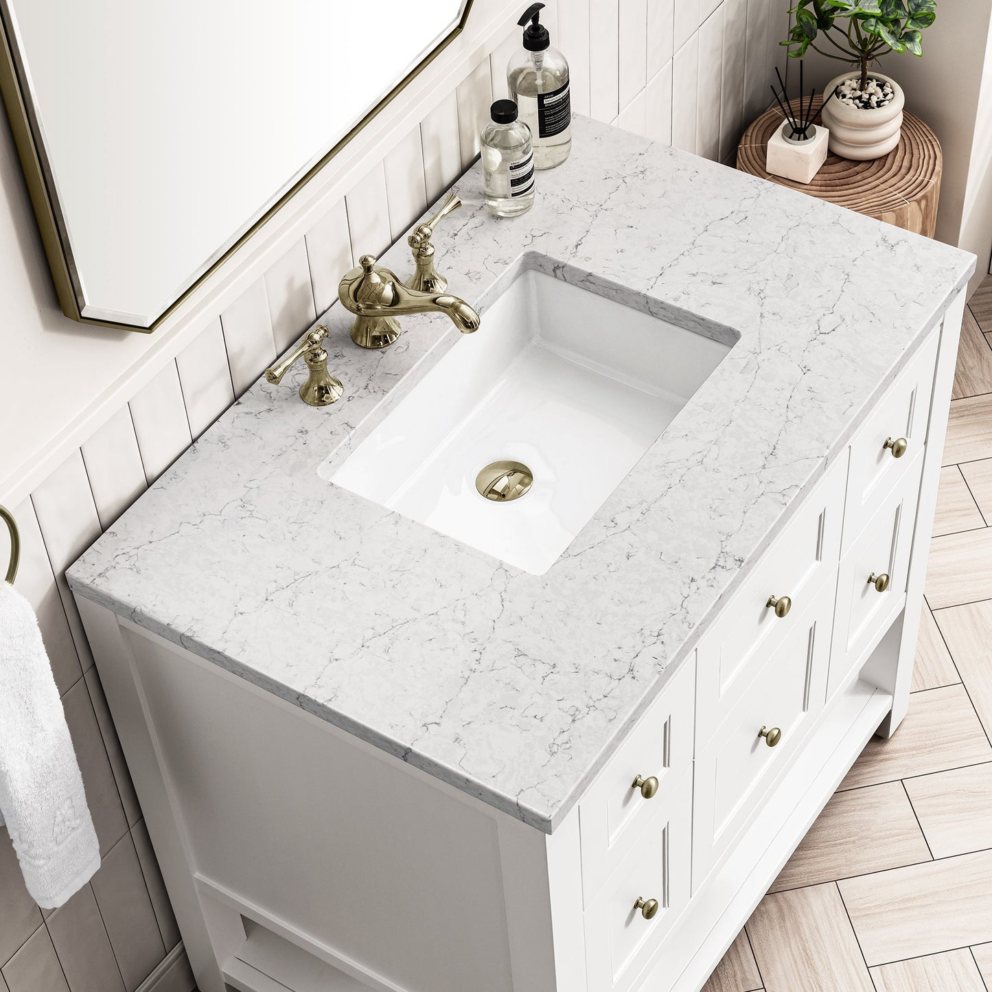 
                  
                    Breckenridge 36" Single Vanity in Bright White Single Bathroom Vanity James Martin Vanities Eternal Jasmine Pearl Silestone 
                  
                