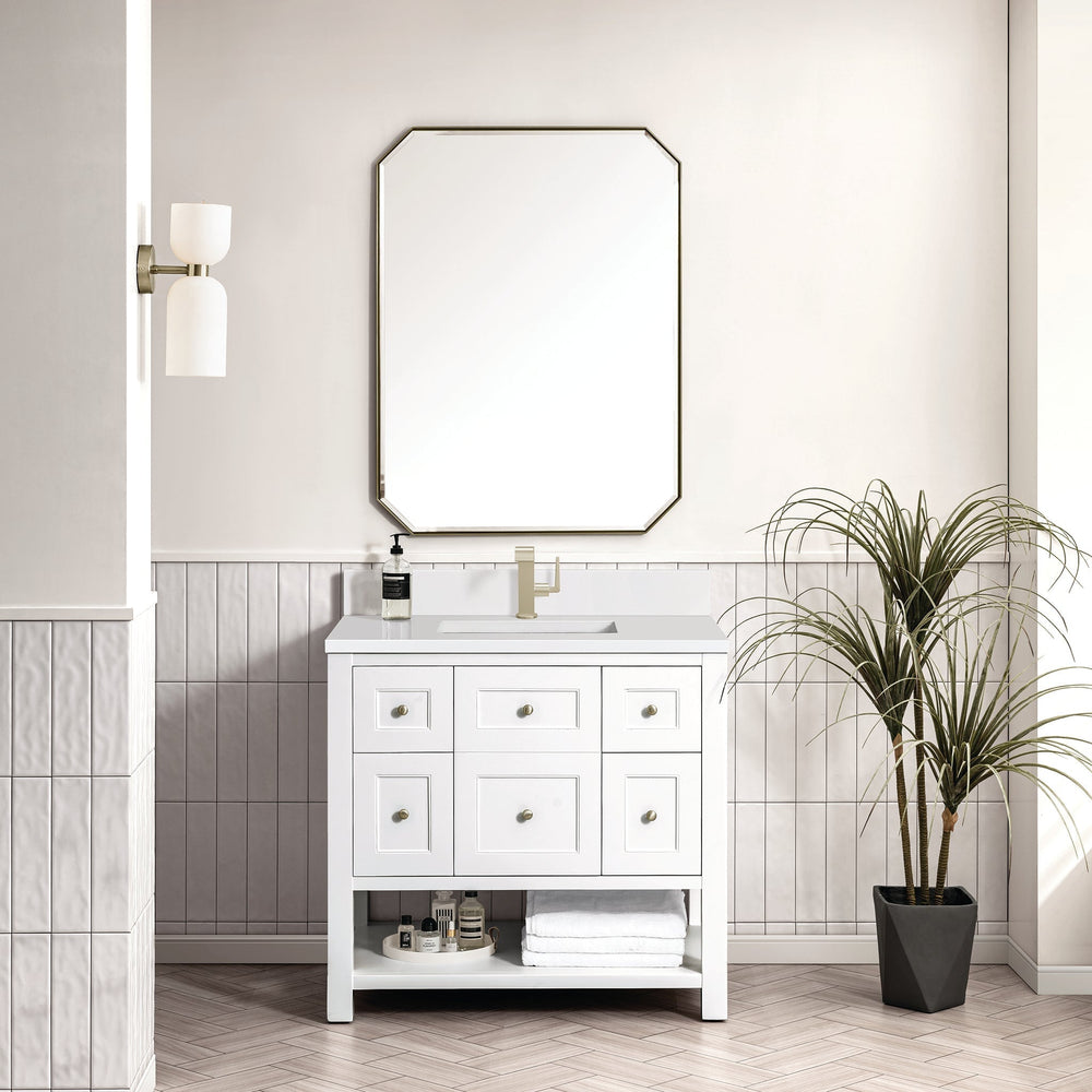 
                  
                    Breckenridge 36" Single Vanity in Bright White Single Bathroom Vanity James Martin Vanities White Zeus Single Faucet Quartz Top w/Backsplash 
                  
                