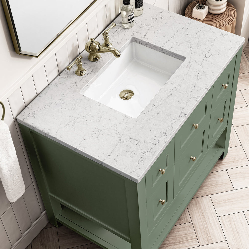 
                  
                    Breckenridge 36" Single Vanity in Smokey Celadon Single Bathroom Vanity James Martin Vanities Eternal Jasmine Pearl Silestone 
                  
                