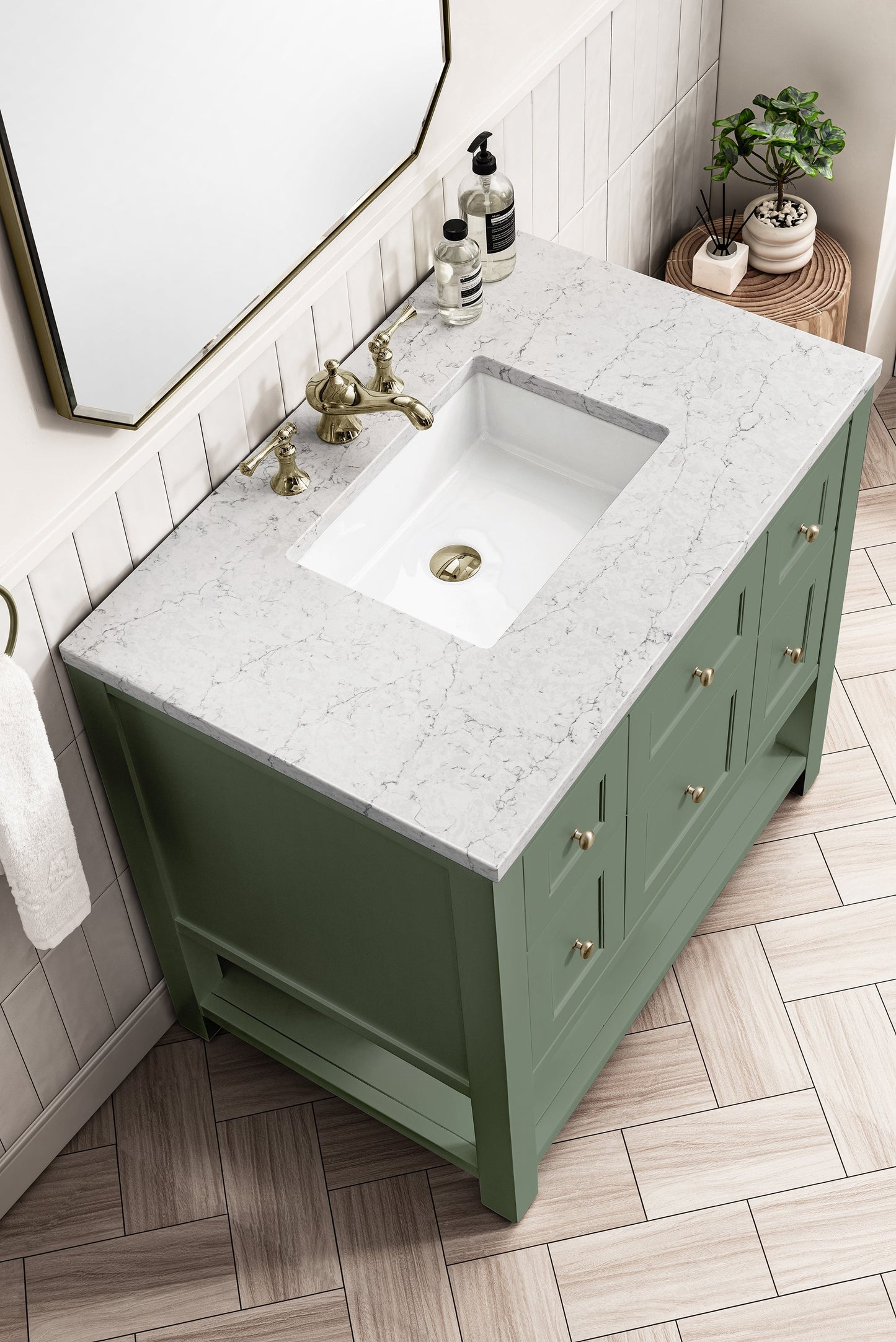 
                  
                    Breckenridge 36" Single Vanity in Smokey Celadon Single Bathroom Vanity James Martin Vanities Eternal Jasmine Pearl Silestone 
                  
                