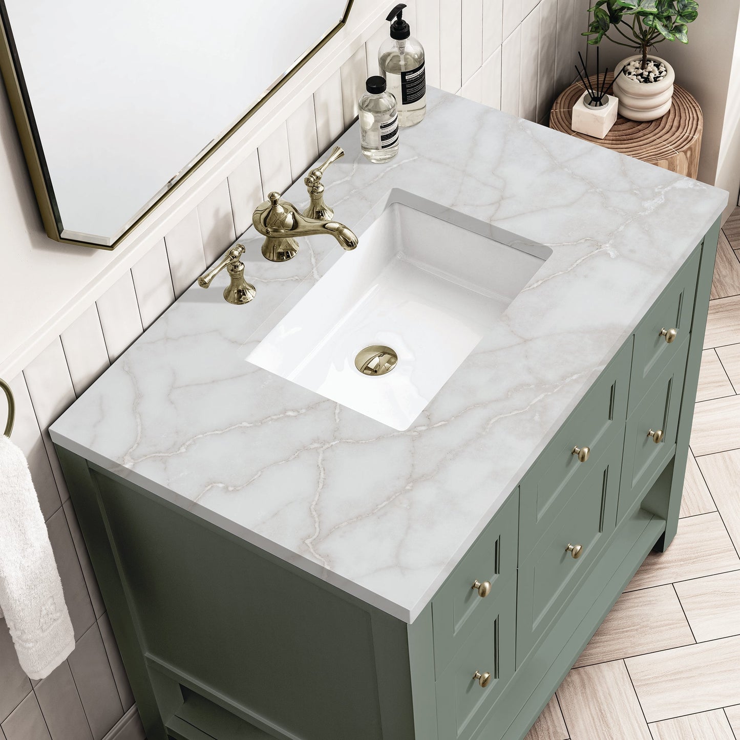 
                  
                    Breckenridge 36" Single Vanity in Smokey Celadon Single Bathroom Vanity James Martin Vanities Victorian Silver Silestone 
                  
                