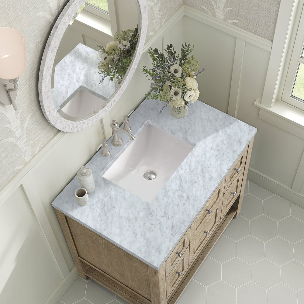 
                  
                    Breckenridge 36" Single Vanity in Whitewashed Oak Single Bathroom Vanity James Martin Vanities Carrara White Marble 
                  
                