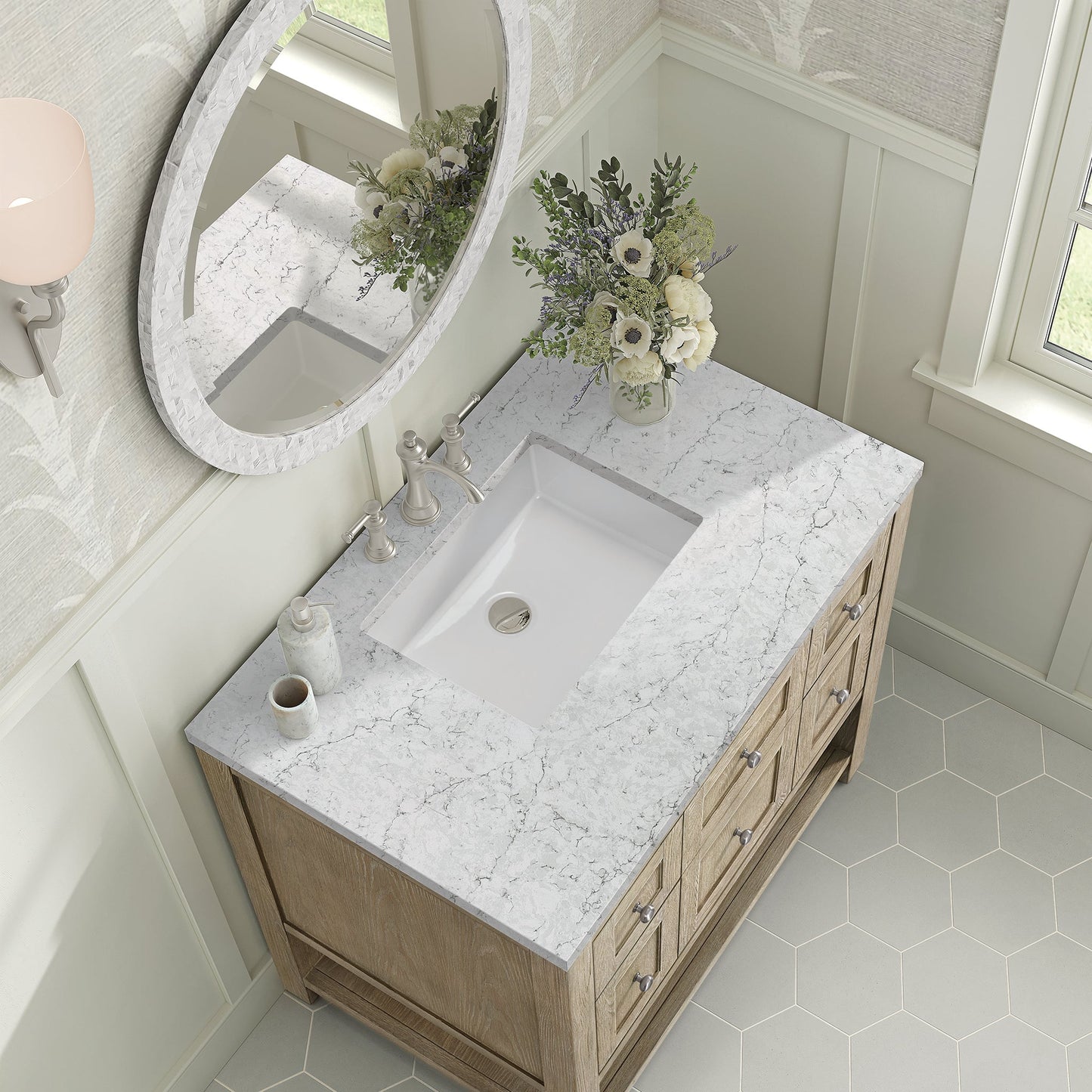 
                  
                    Breckenridge 36" Single Vanity in Whitewashed Oak Single Bathroom Vanity James Martin Vanities Eternal Pearl Jasmine Silestone 
                  
                