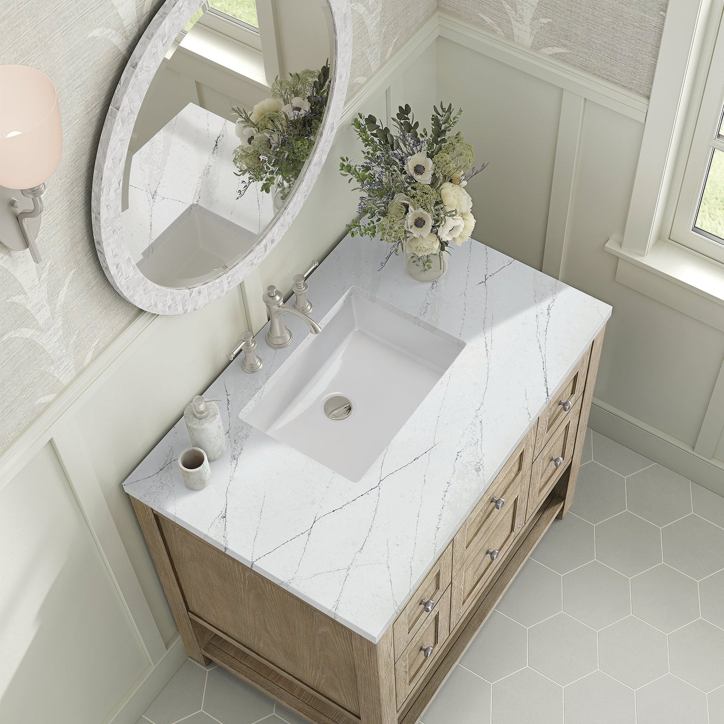 
                  
                    Breckenridge 36" Single Vanity in Whitewashed Oak Single Bathroom Vanity James Martin Vanities Ethereal Noctis Quartz 
                  
                