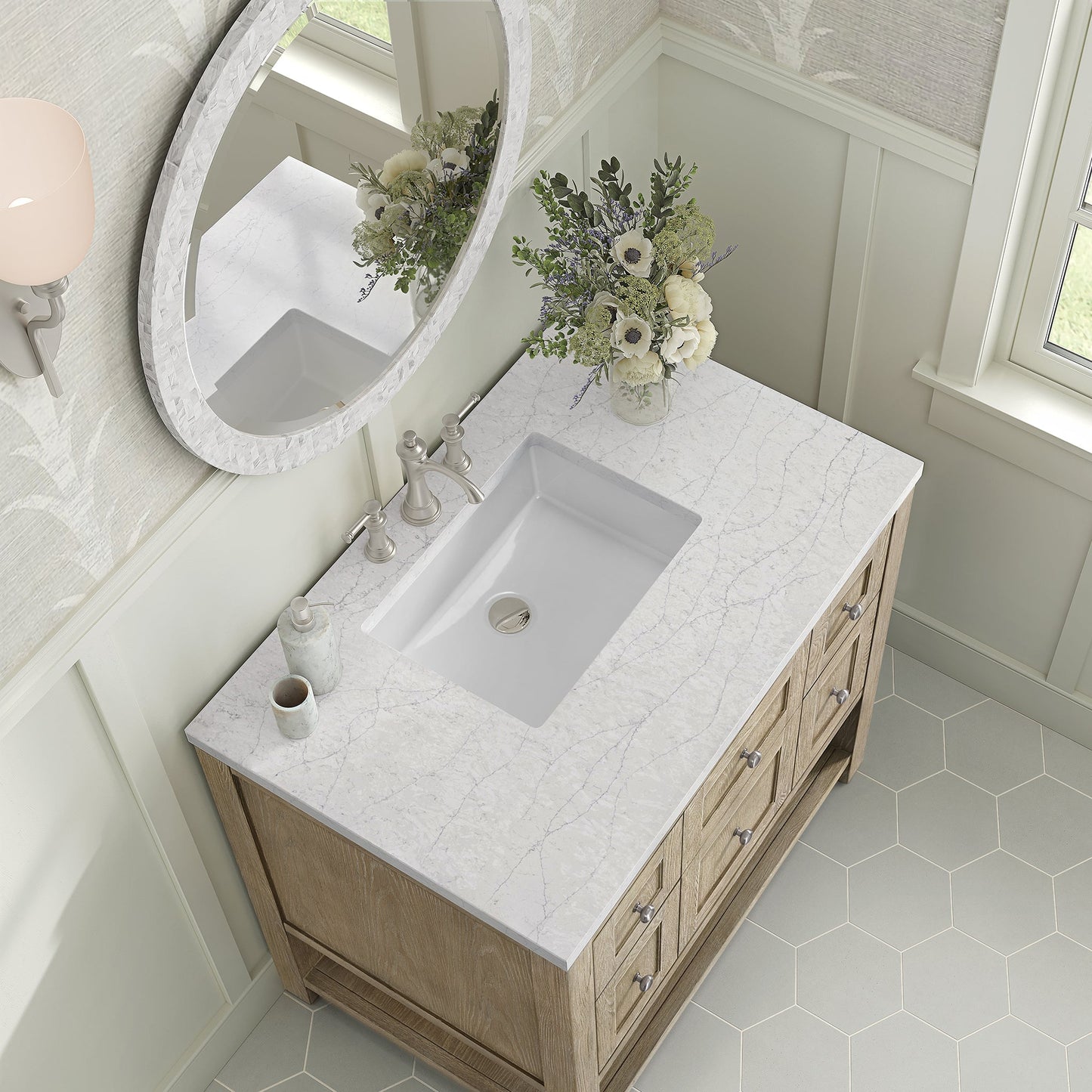 
                  
                    Breckenridge 36" Single Vanity in Whitewashed Oak Single Bathroom Vanity James Martin Vanities White Zeus Silestone 
                  
                