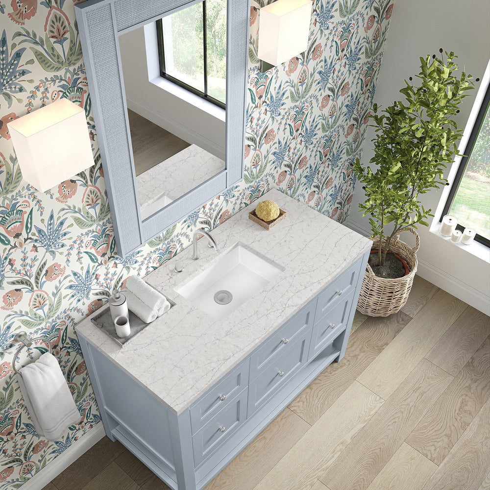 
                  
                    Breckenridge 48" Single Vanity in Serenity Blue Single Bathroom Vanity James Martin Vanities Eternal Jasmine Pearl Silestone 
                  
                