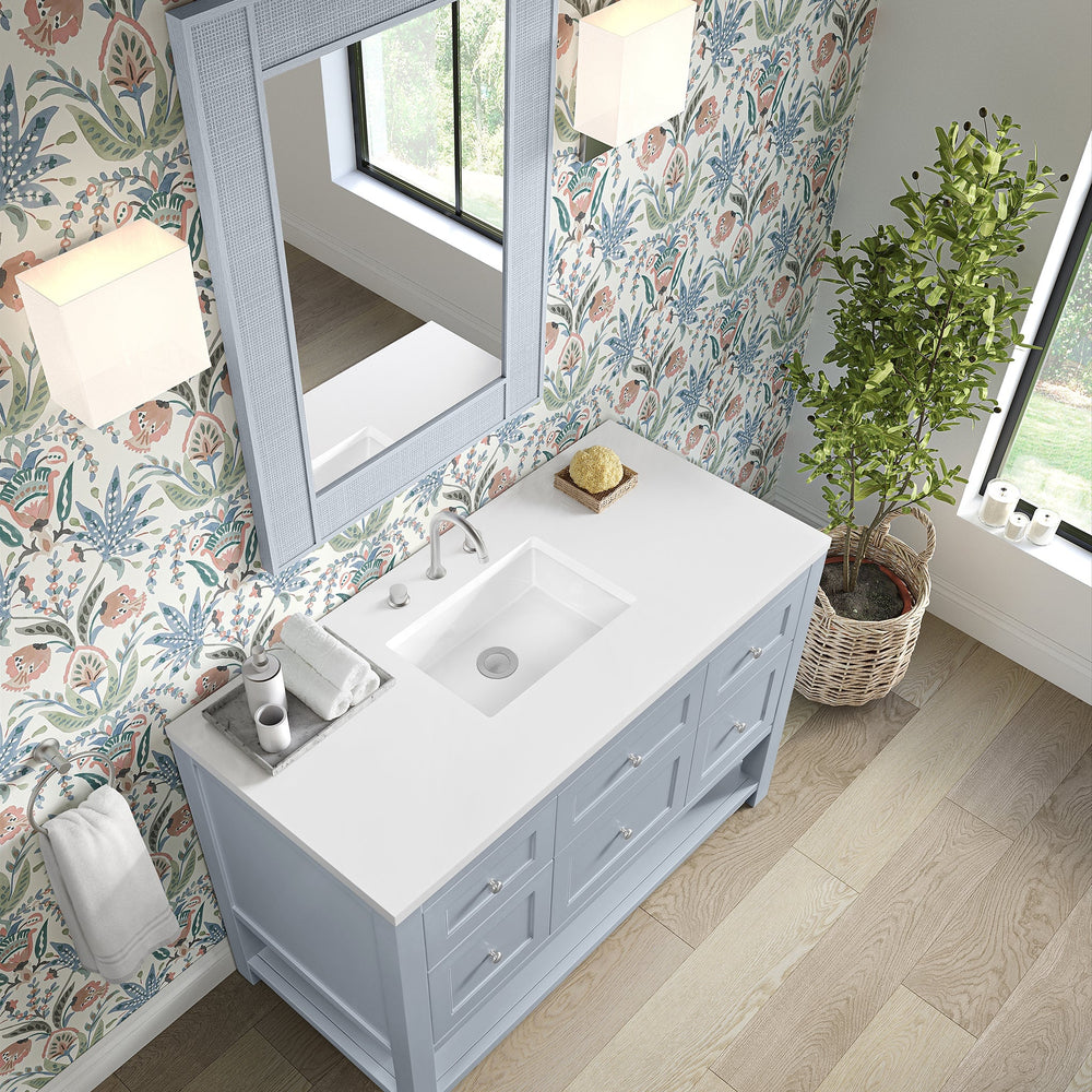 
                  
                    Breckenridge 48" Single Vanity in Serenity Blue Single Bathroom Vanity James Martin Vanities White Zeus Silestone 
                  
                