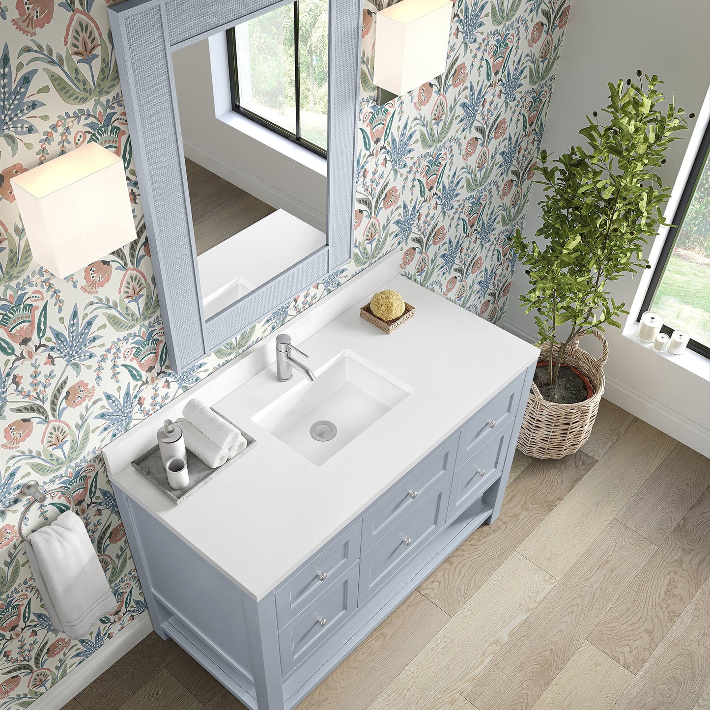 
                  
                    Breckenridge 48" Single Vanity in Serenity Blue Single Bathroom Vanity James Martin Vanities White Zeus Silestone Single Faucet Hole w/Backsplash 
                  
                