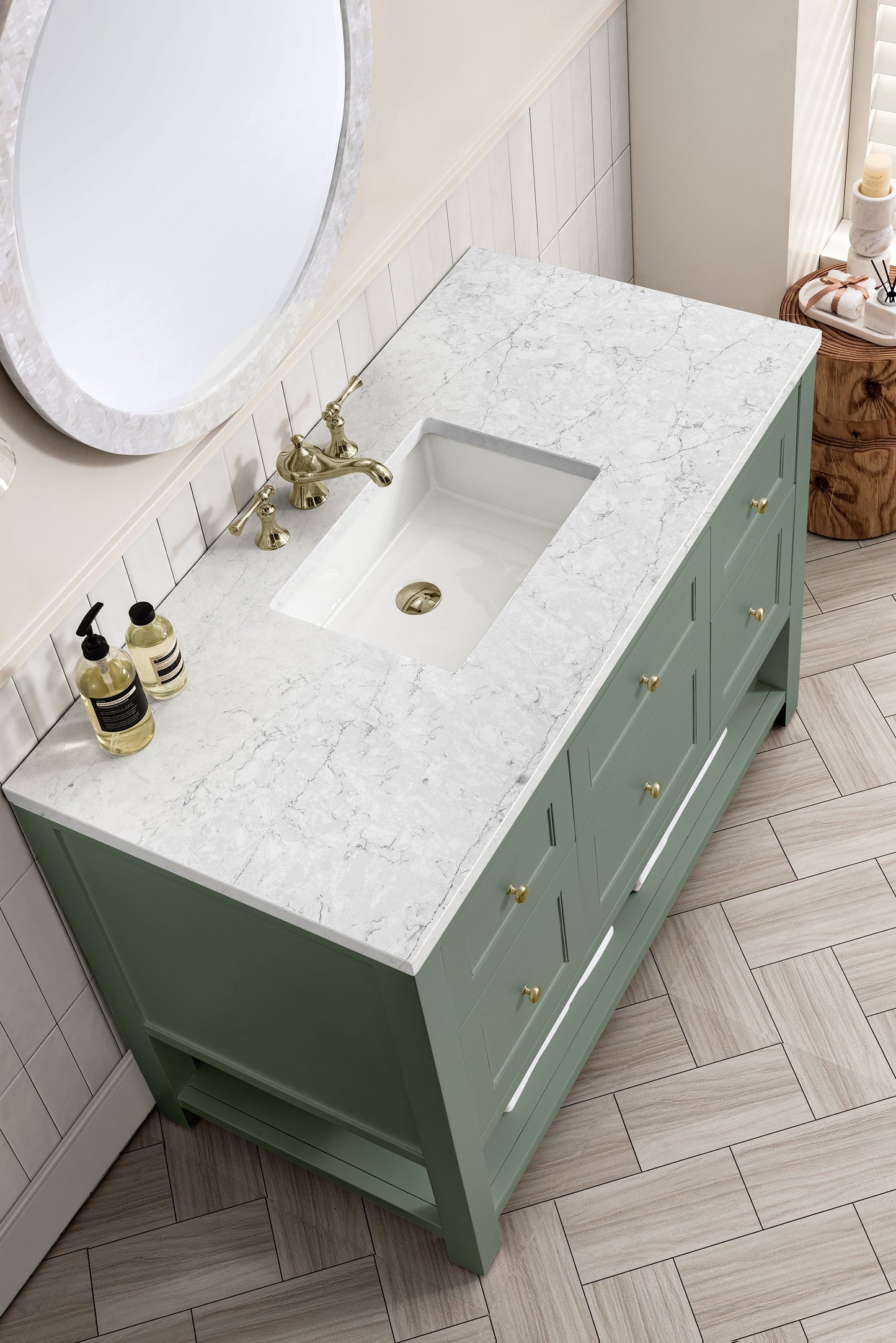 
                  
                    Breckenridge 48" Single Vanity in Smokey Celadon Single Bathroom Vanity James Martin Vanities Eternal Jasmine Pearl Silestone 
                  
                