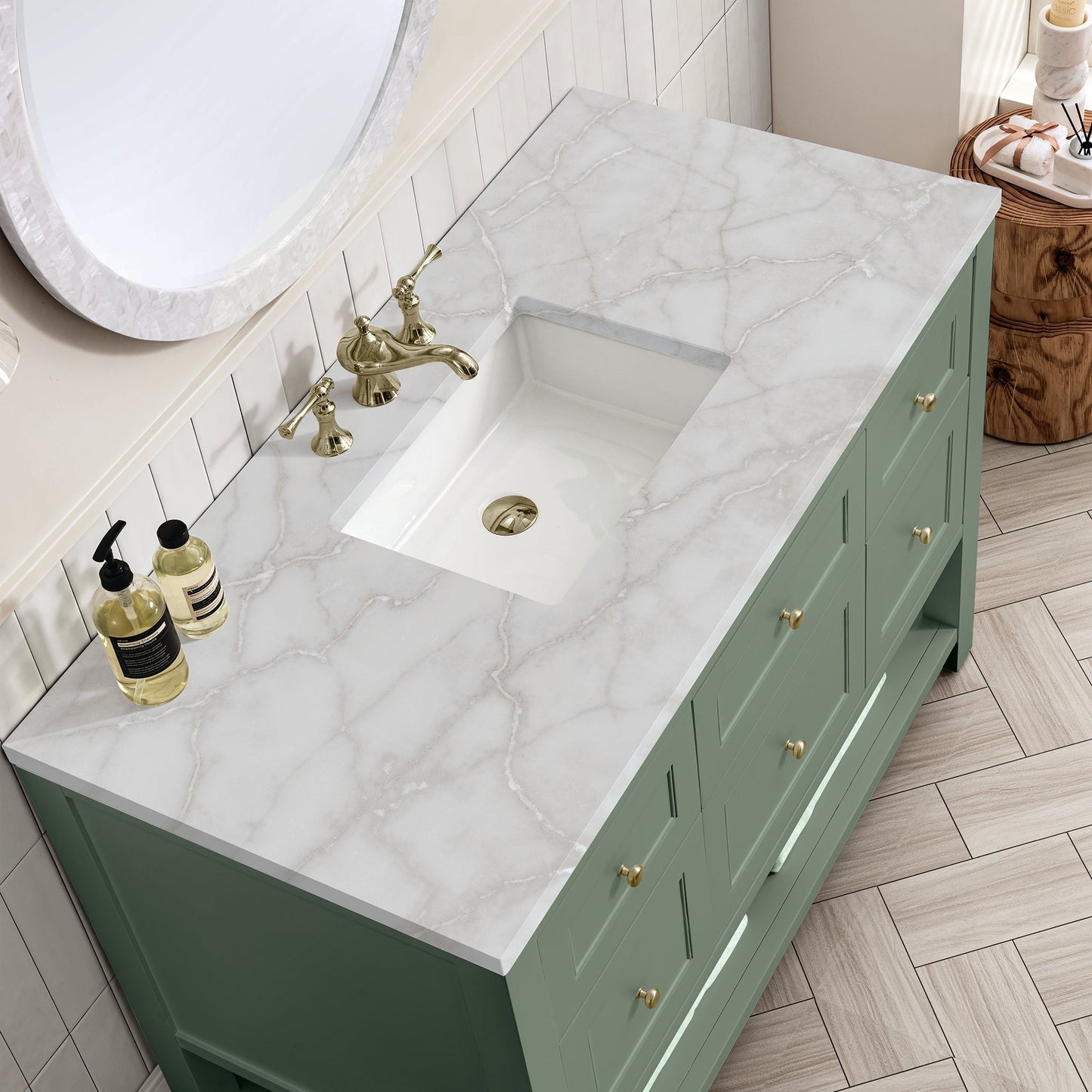 
                  
                    Breckenridge 48" Single Vanity in Smokey Celadon Single Bathroom Vanity James Martin Vanities Victorian Silver Silestone 
                  
                