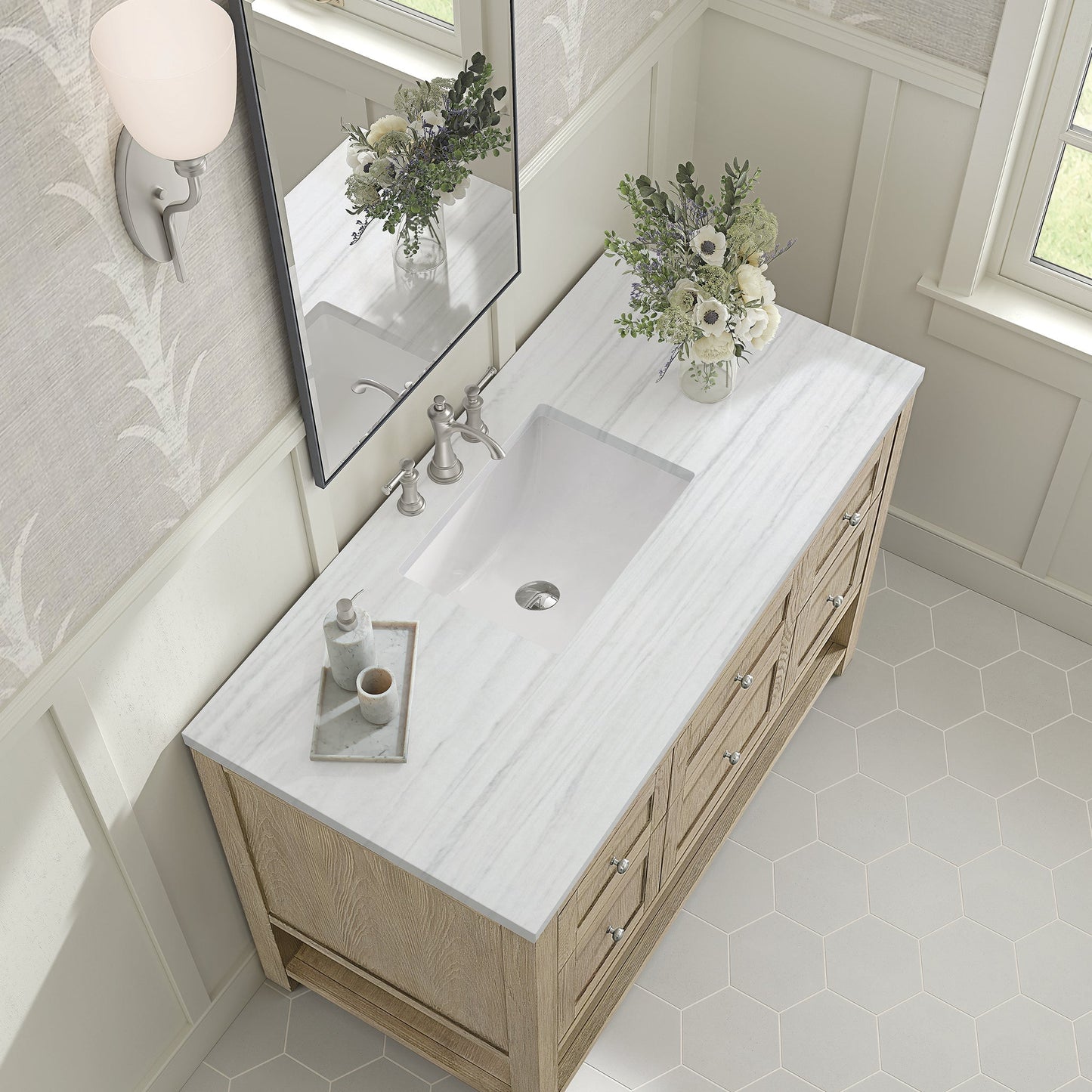 
                  
                    Breckenridge 48" Single Vanity in Whitewashed Oak Single Bathroom Vanity James Martin Vanities Arctic Fall Solid Surface 
                  
                