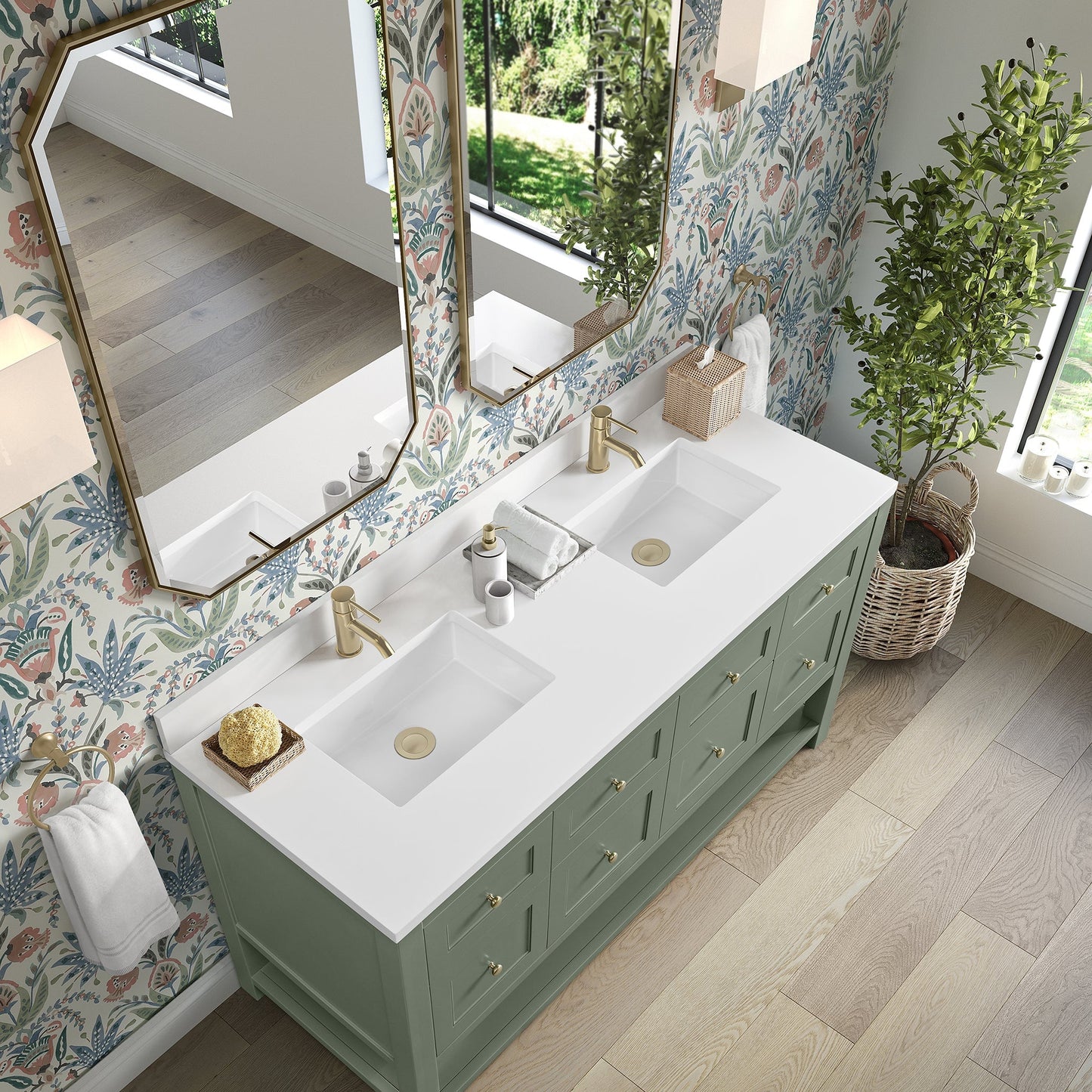 
                  
                    Breckenridge 60" Double Vanity in Smokey Celadon Single Bathroom Vanity James Martin Vanities White Zeus Silestone Single Faucet Top w/Backsplash 
                  
                