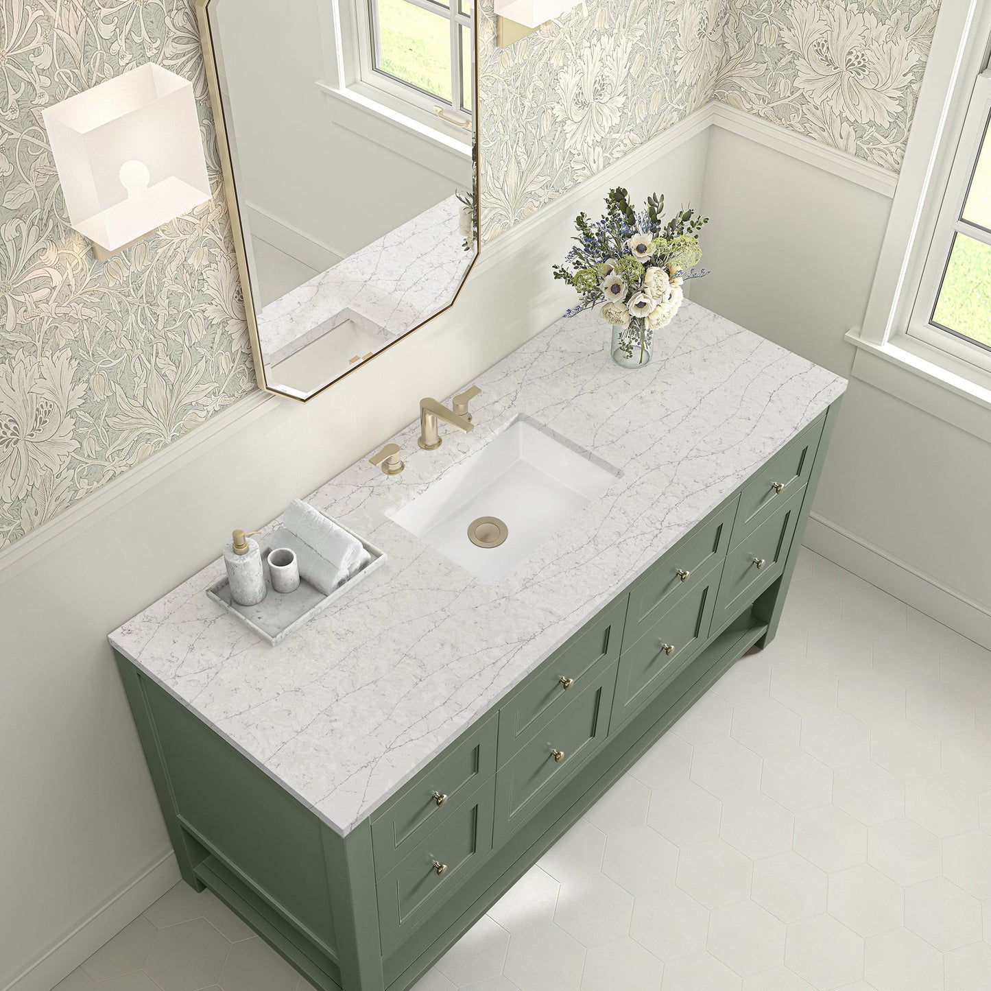 
                  
                    Breckenridge 60" Single Vanity in Smokey Celadon Single Bathroom Vanity James Martin Vanities Eternal Jasmine Pearl Silestone 
                  
                