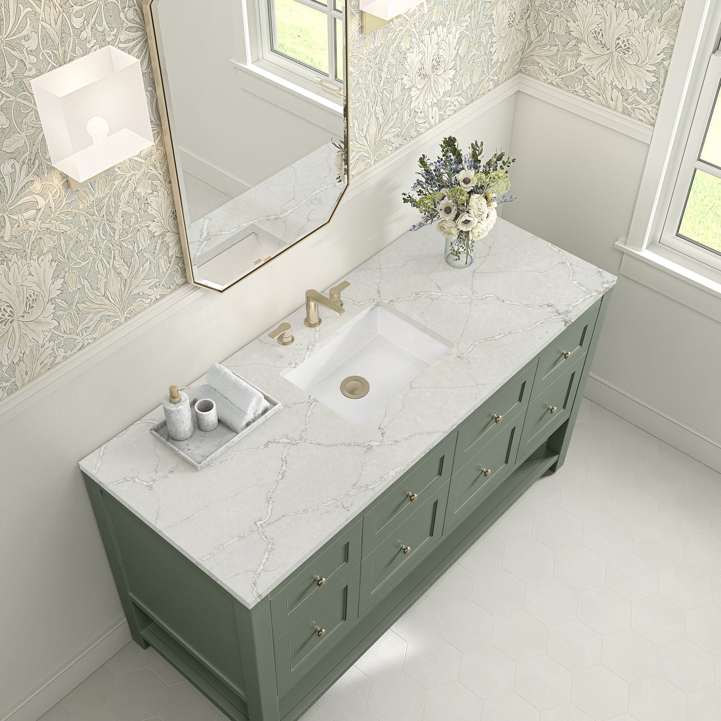 
                  
                    Breckenridge 60" Single Vanity in Smokey Celadon Single Bathroom Vanity James Martin Vanities Victorian Silver Silestone 
                  
                