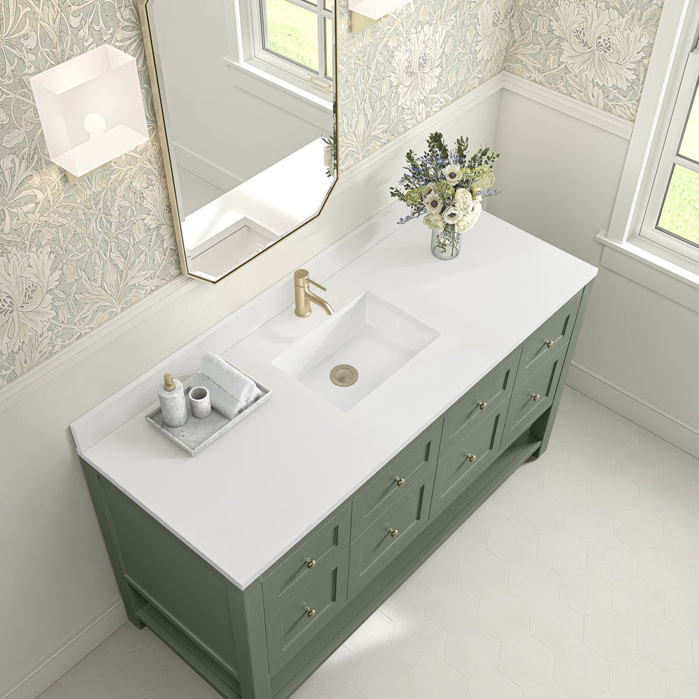 
                  
                    Breckenridge 60" Single Vanity in Smokey Celadon Single Bathroom Vanity James Martin Vanities White Zeus Silestone Single Faucet Top w/Backsplash 
                  
                