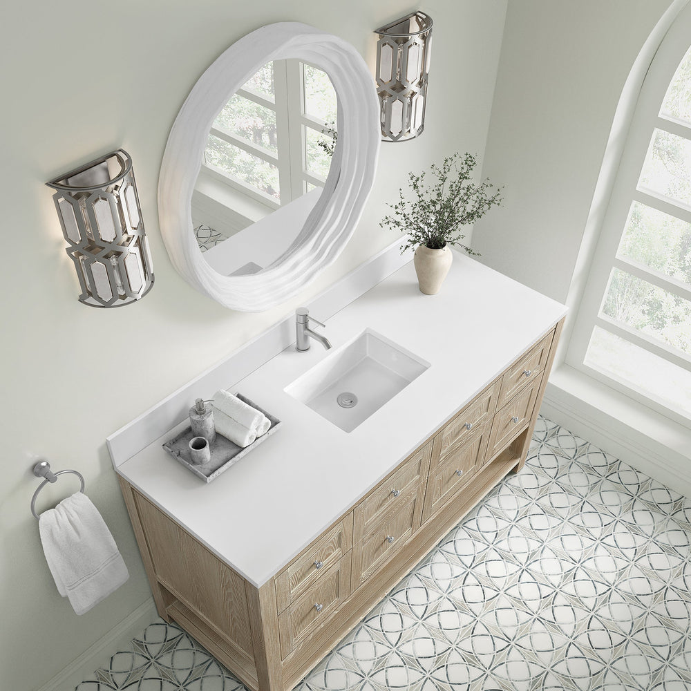 
                  
                    Breckenridge 60" Single Vanity in Whitewashed Oak Single Bathroom Vanity James Martin Vanities White Zeus Silestone Single Faucet Hole w/Backsplash 
                  
                