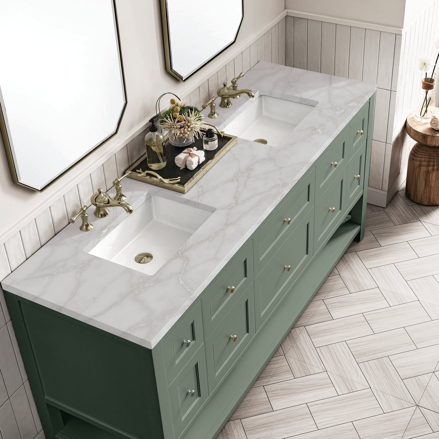 
                  
                    Breckenridge 72" Double Vanity in Smokey Celadon Double Bathroom Vanity James Martin Vanities Victorian Silver Silestone 
                  
                