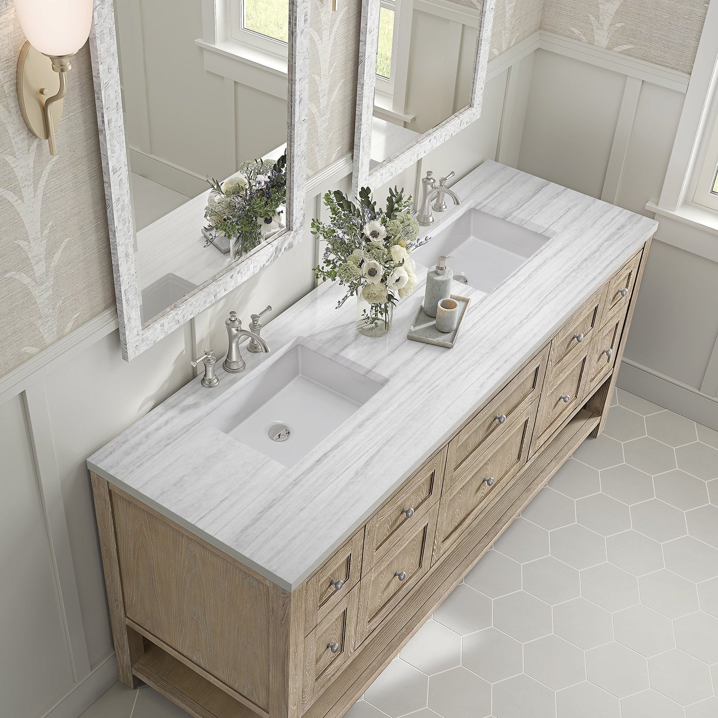 
                  
                    Breckenridge 72" Double Vanity in Whitewashed Oak Double Bathroom Vanity James Martin Vanities Arctic Fall Solid Surface 
                  
                