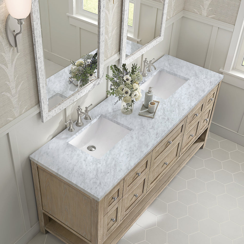 
                  
                    Breckenridge 72" Double Vanity in Whitewashed Oak Double Bathroom Vanity James Martin Vanities Carrara White Marble 
                  
                