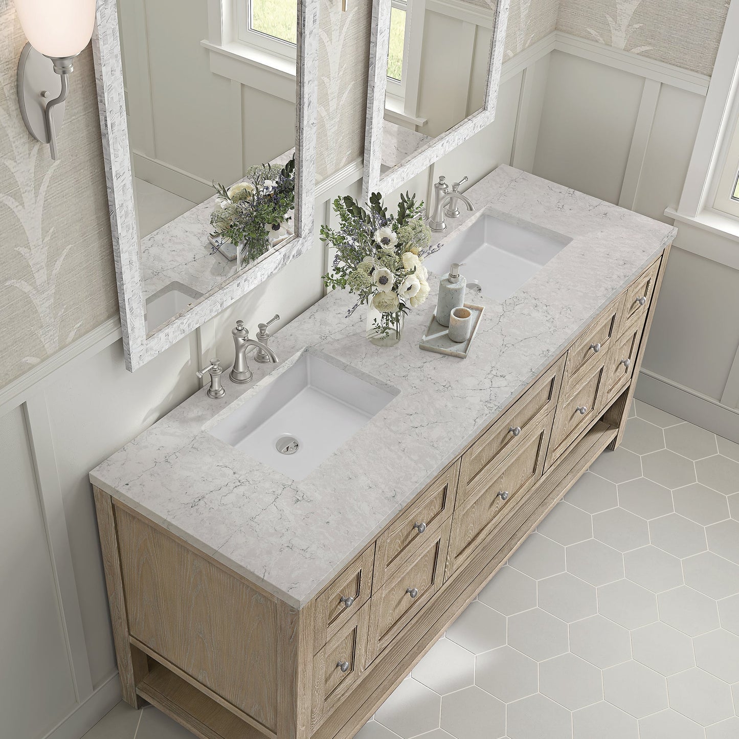 
                  
                    Breckenridge 72" Double Vanity in Whitewashed Oak Double Bathroom Vanity James Martin Vanities Eternal Jasmine Pearl Silestone 
                  
                