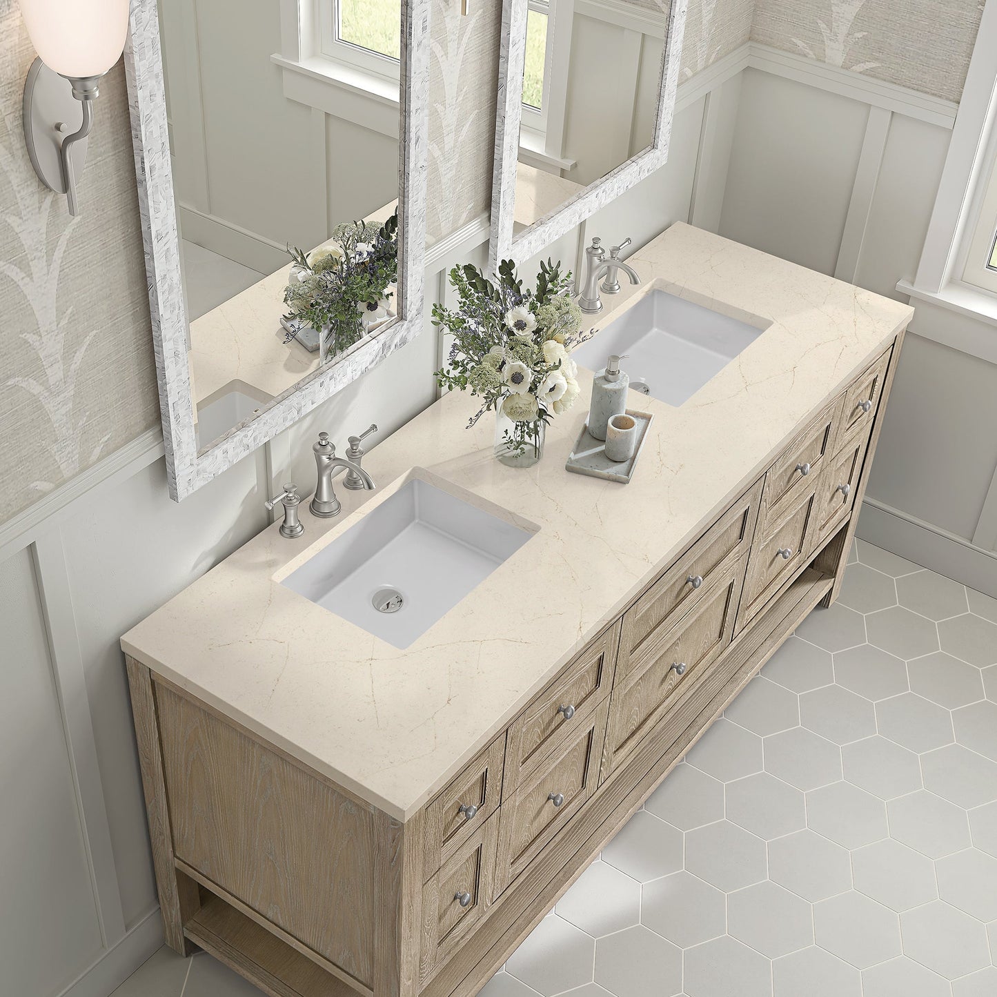 
                  
                    Breckenridge 72" Double Vanity in Whitewashed Oak Double Bathroom Vanity James Martin Vanities Eternal Marfil Silestone 
                  
                