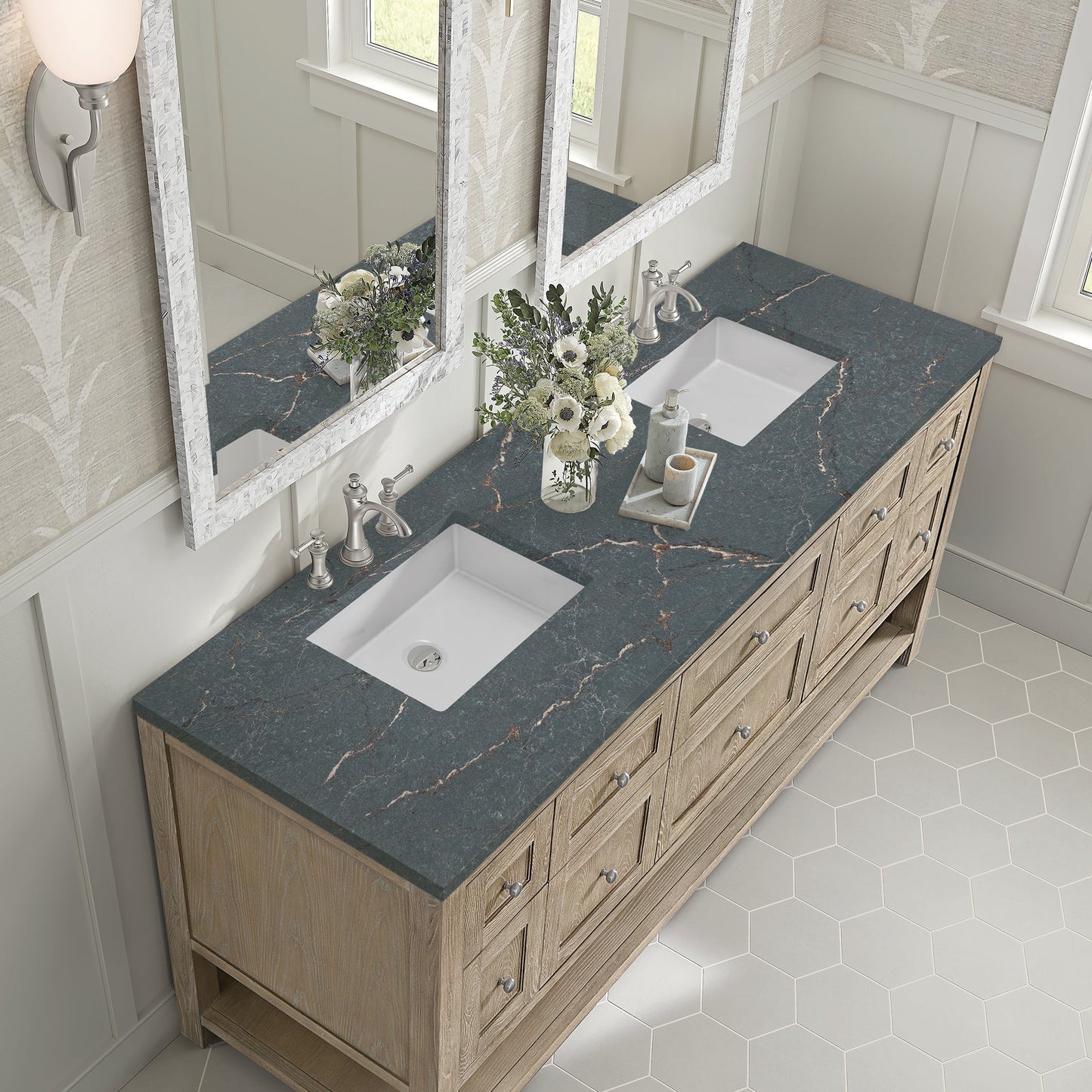 
                  
                    Breckenridge 72" Double Vanity in Whitewashed Oak Double Bathroom Vanity James Martin Vanities Parisien Bleu Silestone 
                  
                