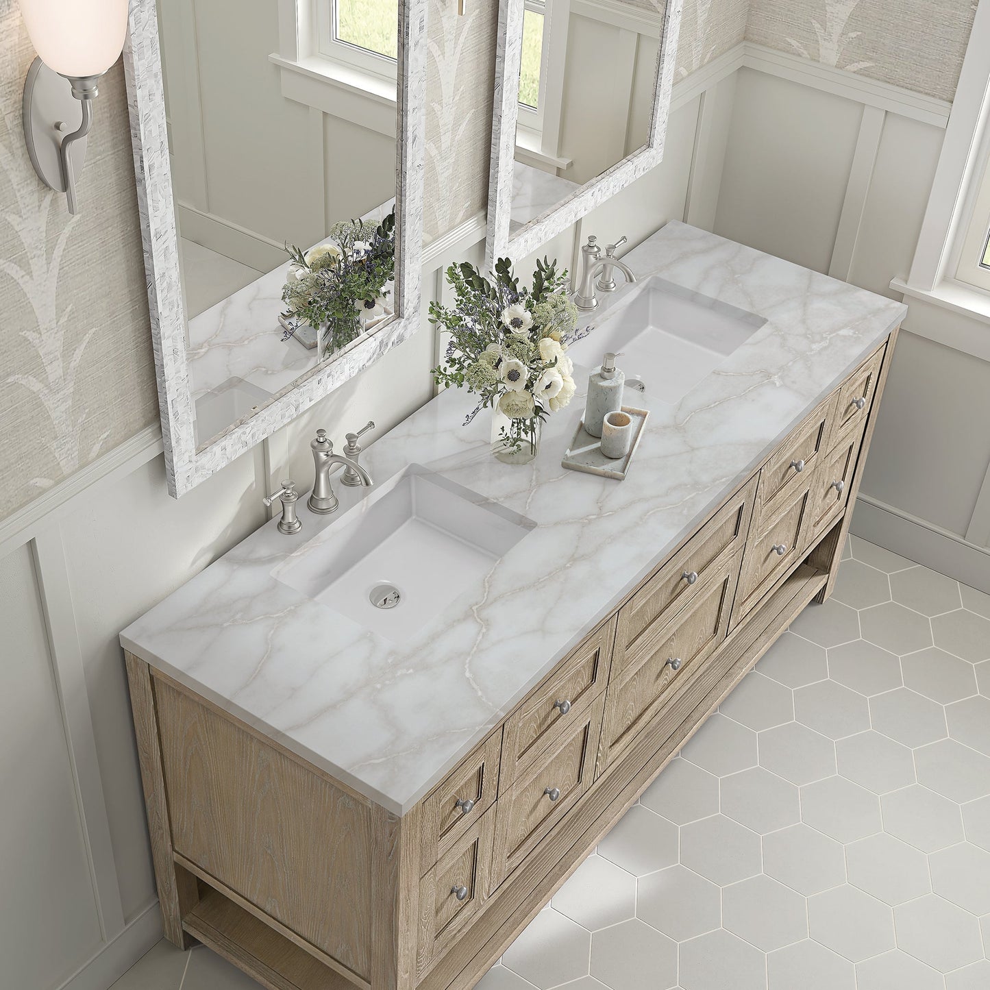 
                  
                    Breckenridge 72" Double Vanity in Whitewashed Oak Double Bathroom Vanity James Martin Vanities Victorian Silver Silestone 
                  
                