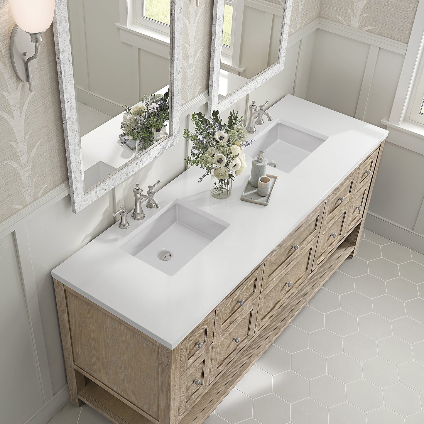 
                  
                    Breckenridge 72" Double Vanity in Whitewashed Oak Double Bathroom Vanity James Martin Vanities White Zeus Quartz 
                  
                