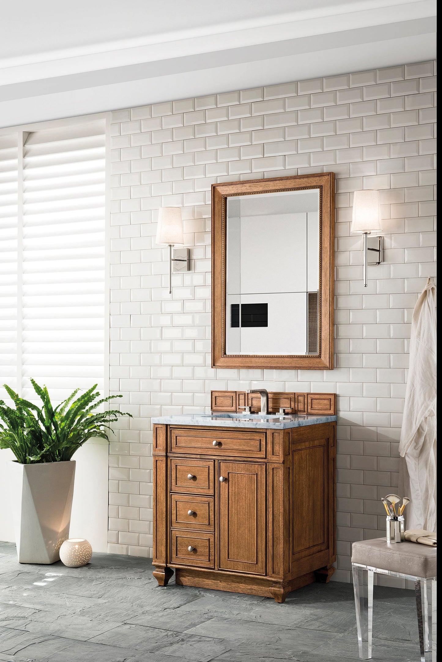 
                  
                    Bristol 30" Single Vanity in Saddle Brown Single Bathroom Vanity James Martin Vanities Eternal Jasmine Pearl Silestone 
                  
                