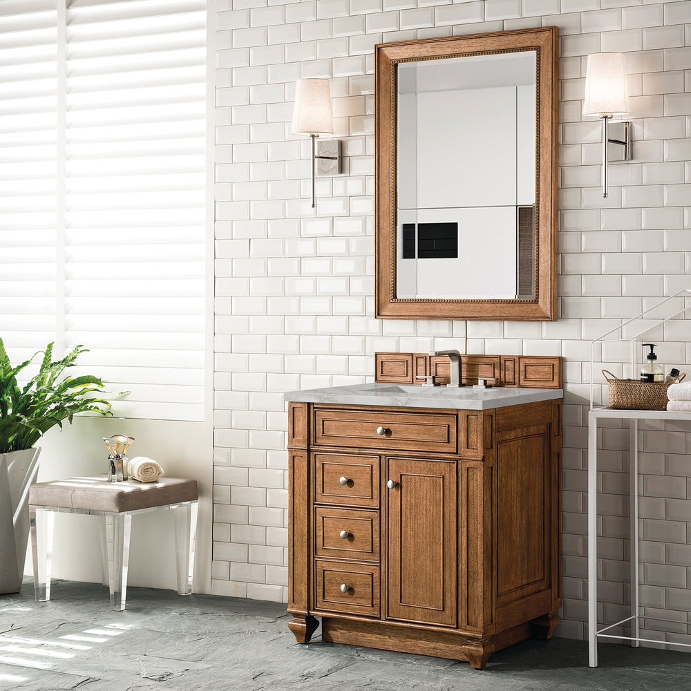 
                  
                    Bristol 30" Single Vanity in Saddle Brown Single Bathroom Vanity James Martin Vanities Victorian Silver Silestone 
                  
                