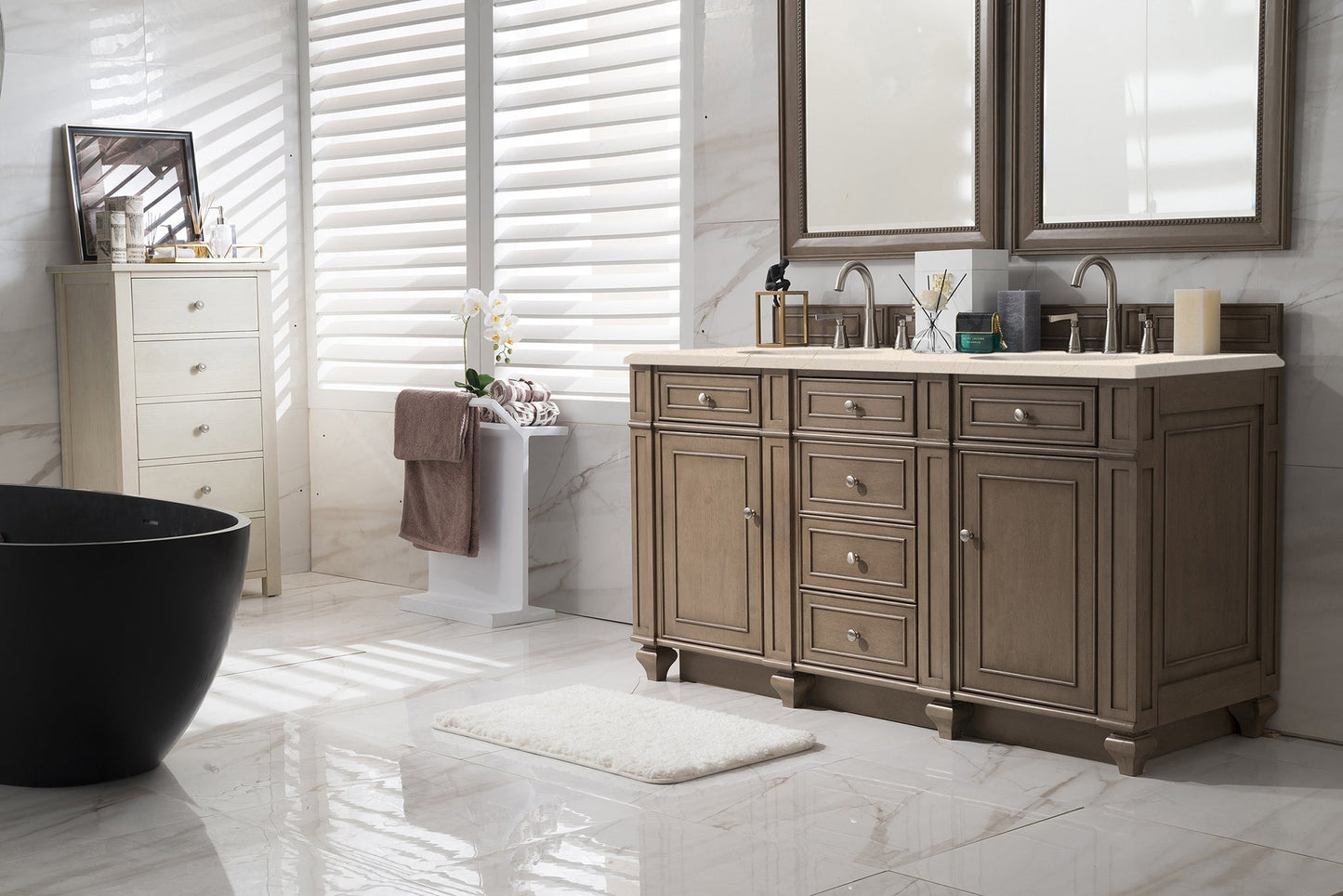 
                  
                    Bristol 60" Double Vanity in Whitewashed Walnut Double bathroom Vanity James Martin Vanities Eternal Marfil Silestone 
                  
                