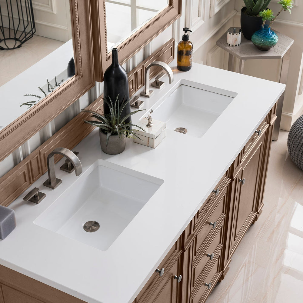 
                  
                    Bristol 60" Double Vanity in Whitewashed Walnut Double bathroom Vanity James Martin Vanities White Zeus Silestone 
                  
                