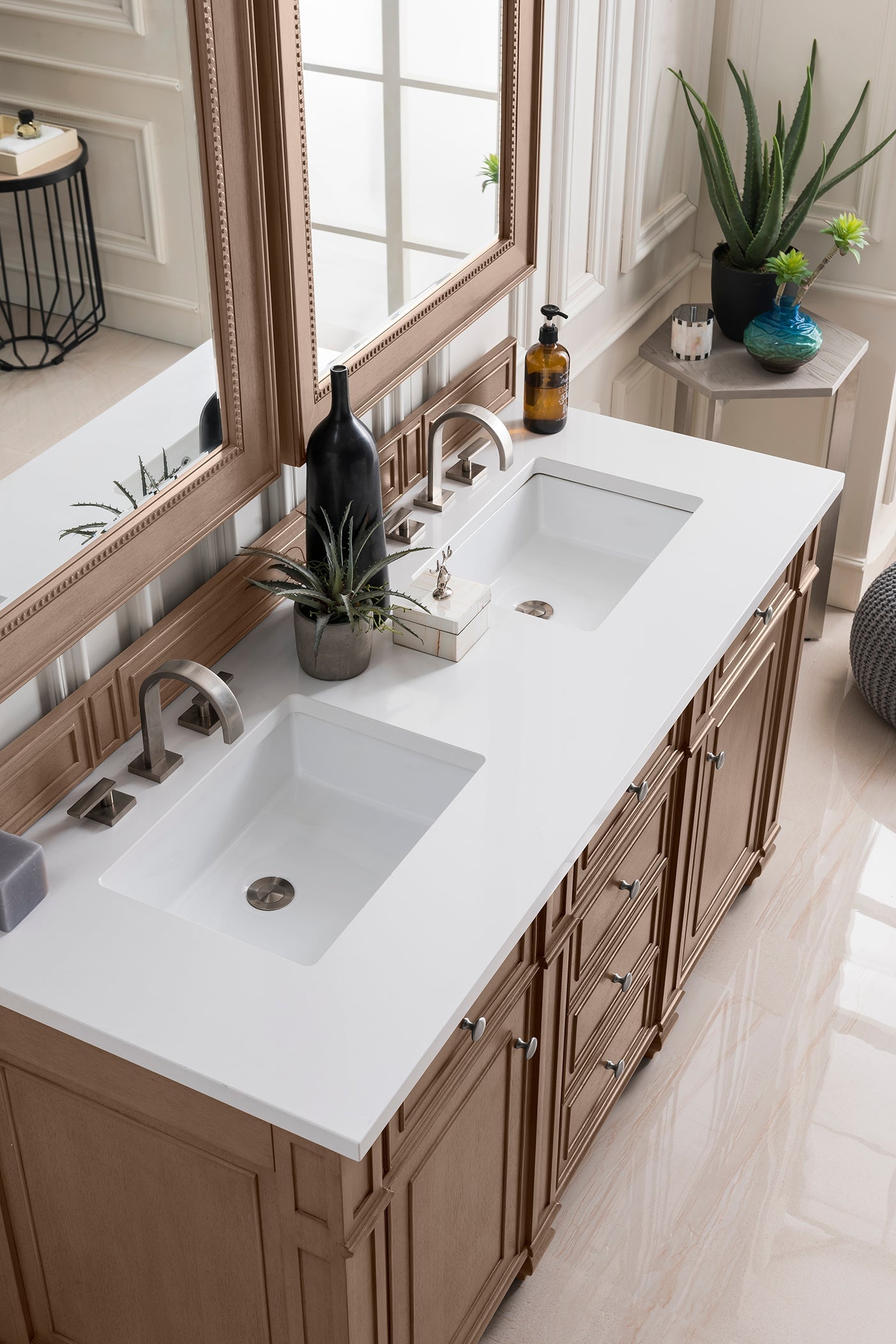 
                  
                    Bristol 60" Double Vanity in Whitewashed Walnut Double bathroom Vanity James Martin Vanities White Zeus Silestone 
                  
                