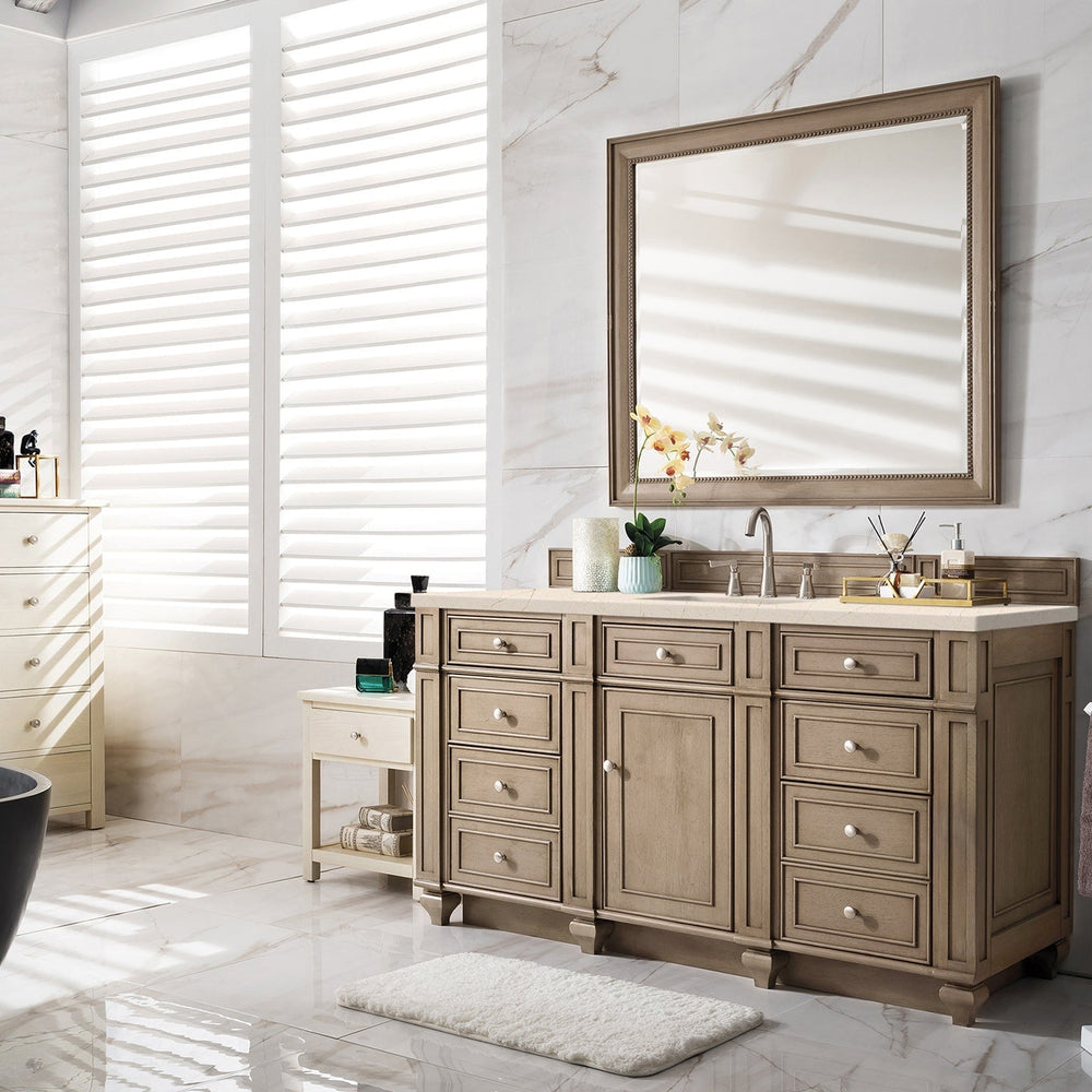 
                  
                    Bristol 60" Single Vanity in Whitewashed Walnut Double bathroom Vanity James Martin Vanities Eternal Marfil Silestone 
                  
                