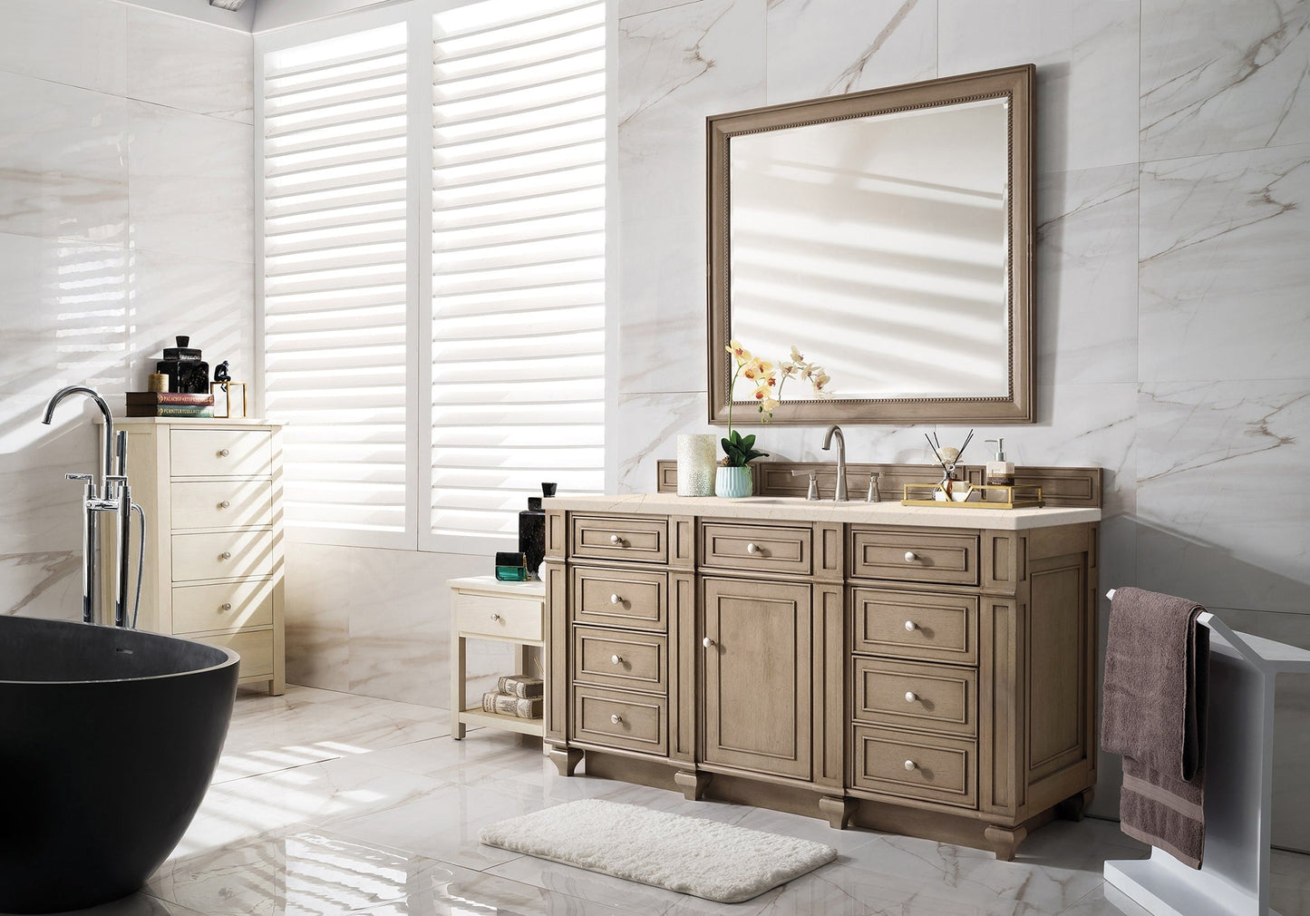 
                  
                    Bristol 60" Single Vanity in Whitewashed Walnut Double bathroom Vanity James Martin Vanities Eternal Marfil Silestone 
                  
                