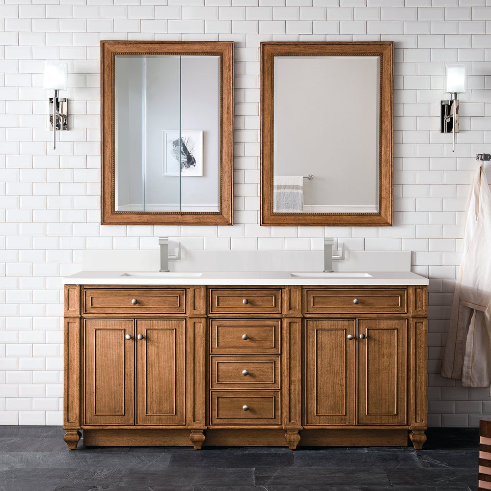 
                  
                    Bristol 72" Double Vanity in Saddle Brown Double bathroom Vanity James Martin Vanities White Zeus Single Faucet Silestone Top w/Backsplash 
                  
                