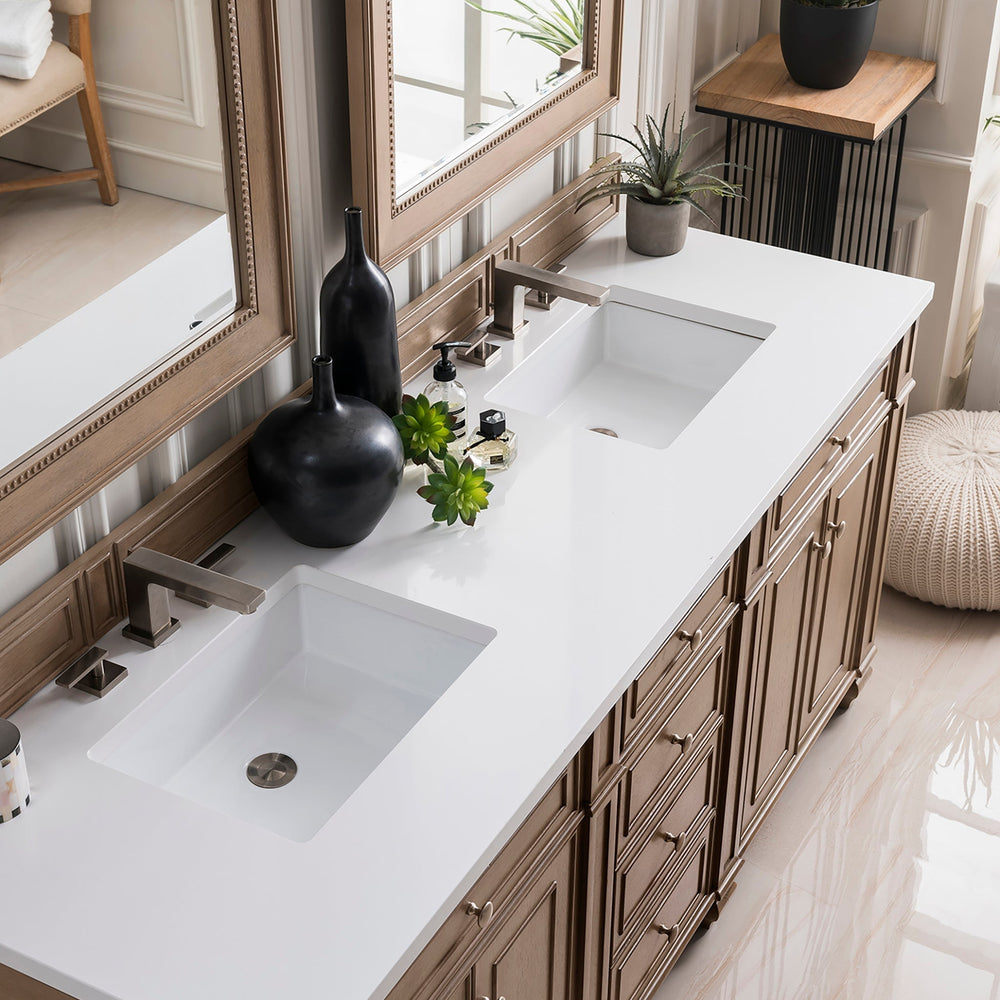 
                  
                    Bristol 72" Double Vanity in Whitewashed Walnut Double bathroom Vanity James Martin Vanities White Zeus Silestone 
                  
                