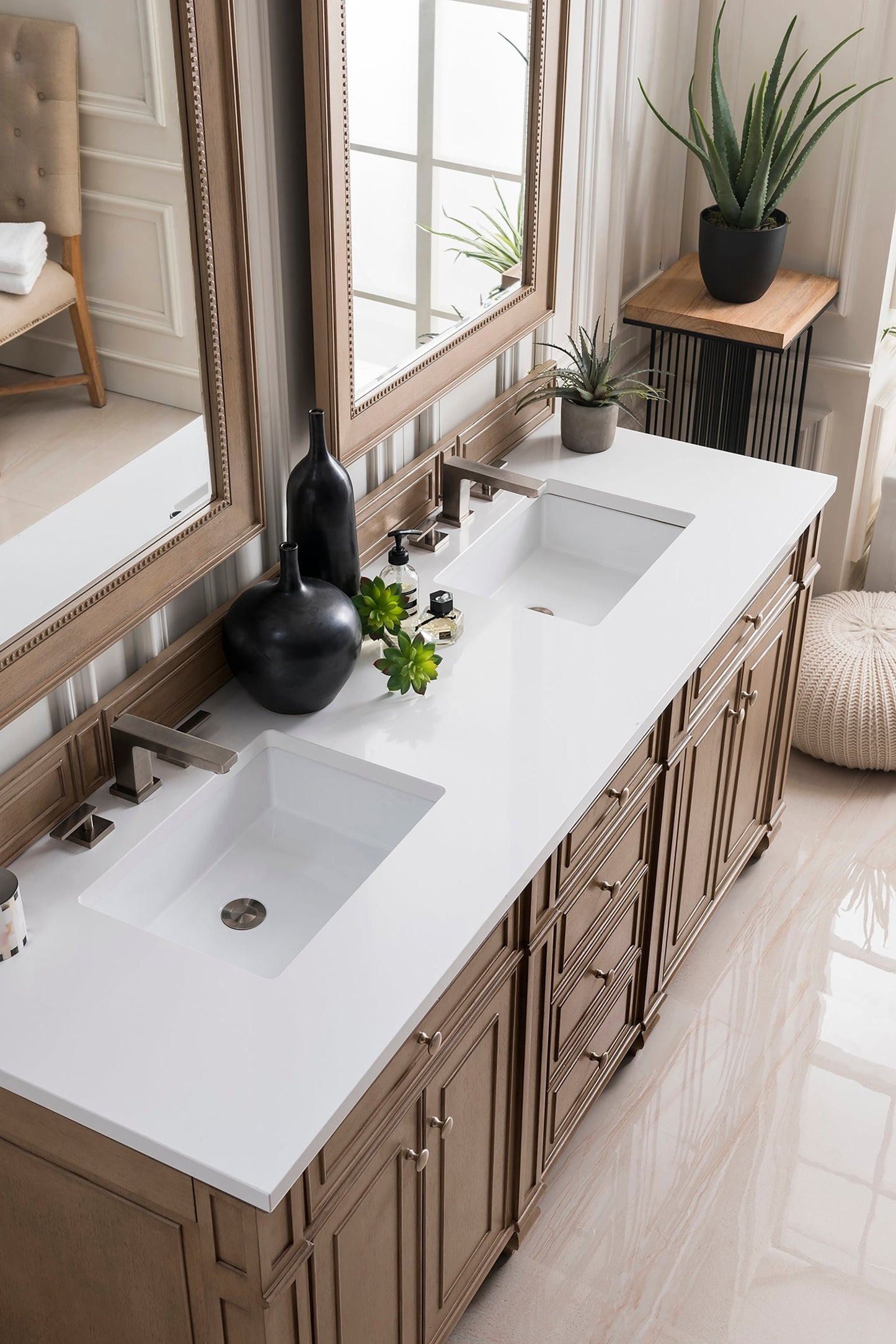 
                  
                    Bristol 72" Double Vanity in Whitewashed Walnut Double bathroom Vanity James Martin Vanities White Zeus Silestone 
                  
                