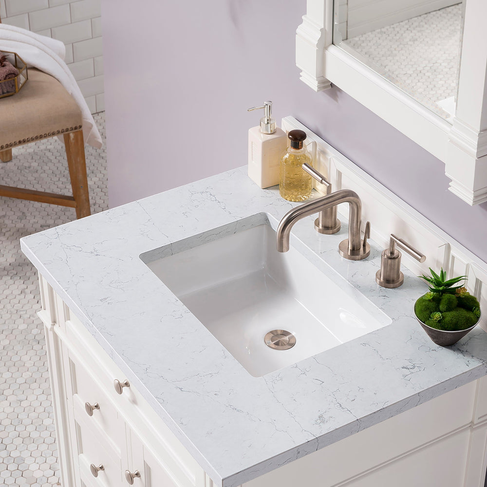 
                  
                    Brittany 30" Single Bathroom Vanity in Bright White Single Bathroom Vanity James Martin Vanities Eternal Jasmine Pearl Silestone 
                  
                