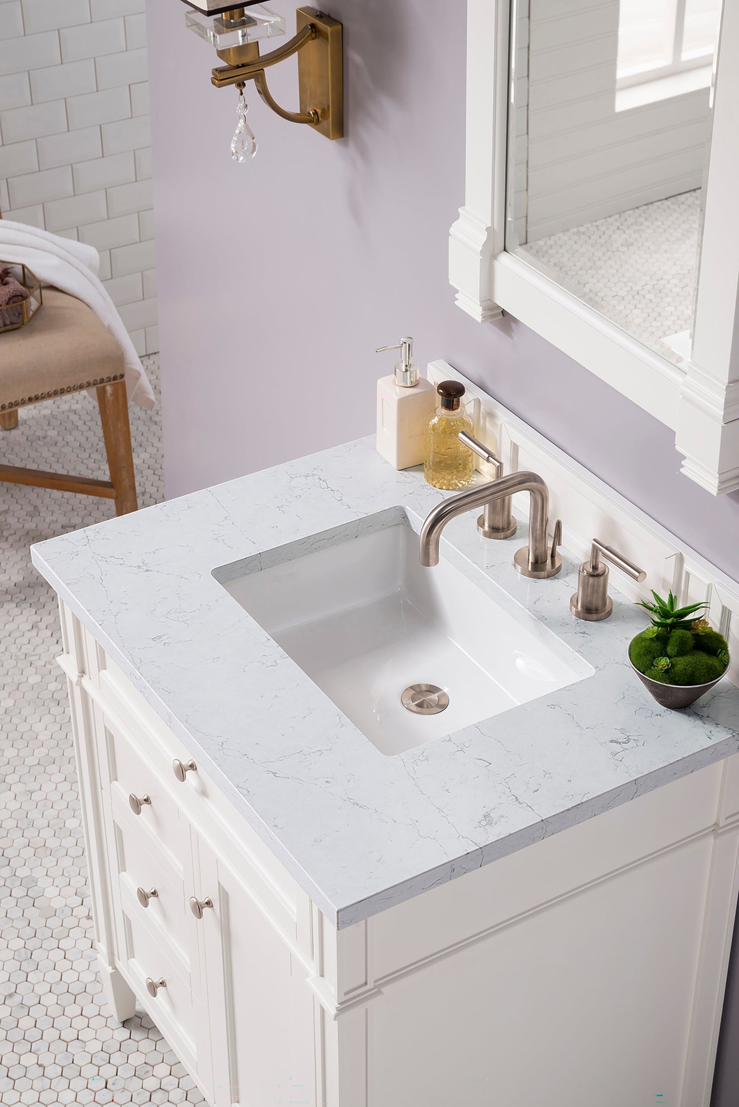 
                  
                    Brittany 30" Single Bathroom Vanity in Bright White Single Bathroom Vanity James Martin Vanities Eternal Jasmine Pearl Silestone 
                  
                