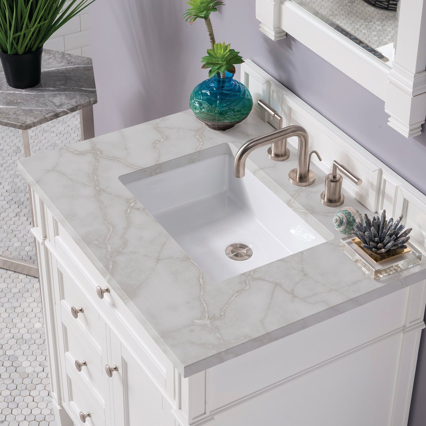 
                  
                    Brittany 30" Single Bathroom Vanity in Bright White Single Bathroom Vanity James Martin Vanities Victorian Silver Silestone 
                  
                