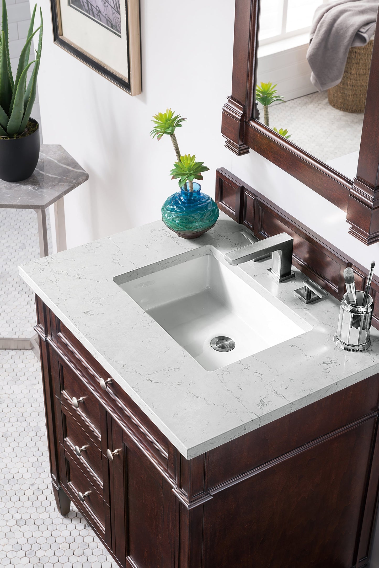 
                  
                    Brittany 30" Single Bathroom Vanity in Burnished Mahogany Single Bathroom Vanity James Martin Vanities Eternal Pearl Jasmine Silestone 
                  
                