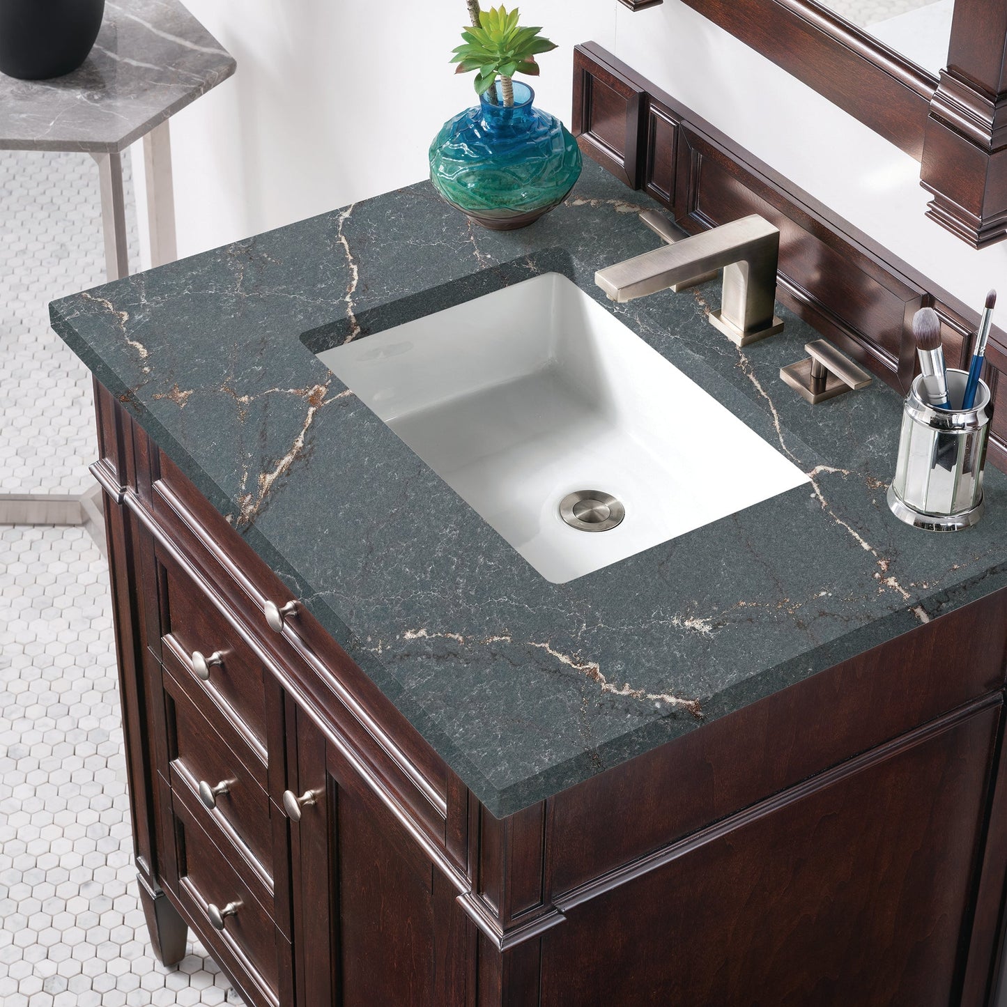 
                  
                    Brittany 30" Single Bathroom Vanity in Burnished Mahogany Single Bathroom Vanity James Martin Vanities Parisien Bleu Silestone 
                  
                