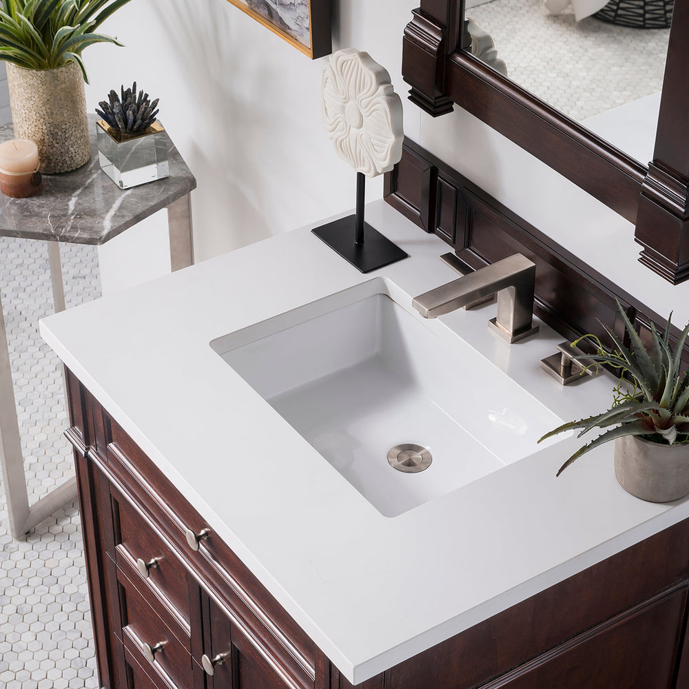 
                  
                    Brittany 30" Single Bathroom Vanity in Burnished Mahogany Single Bathroom Vanity James Martin Vanities White Zeus Silestone 
                  
                