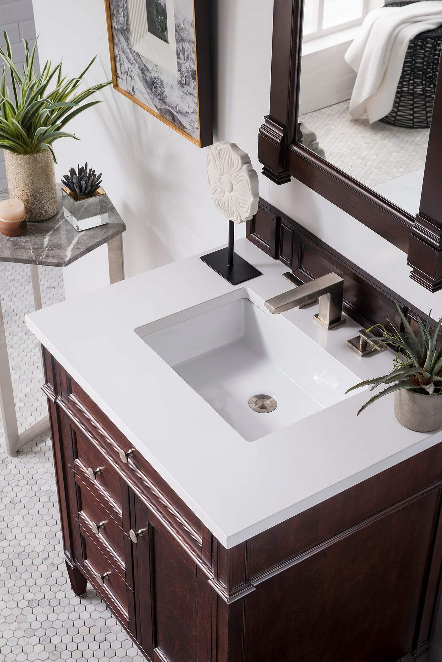 
                  
                    Brittany 30" Single Bathroom Vanity in Burnished Mahogany Single Bathroom Vanity James Martin Vanities White Zeus Silestone 
                  
                