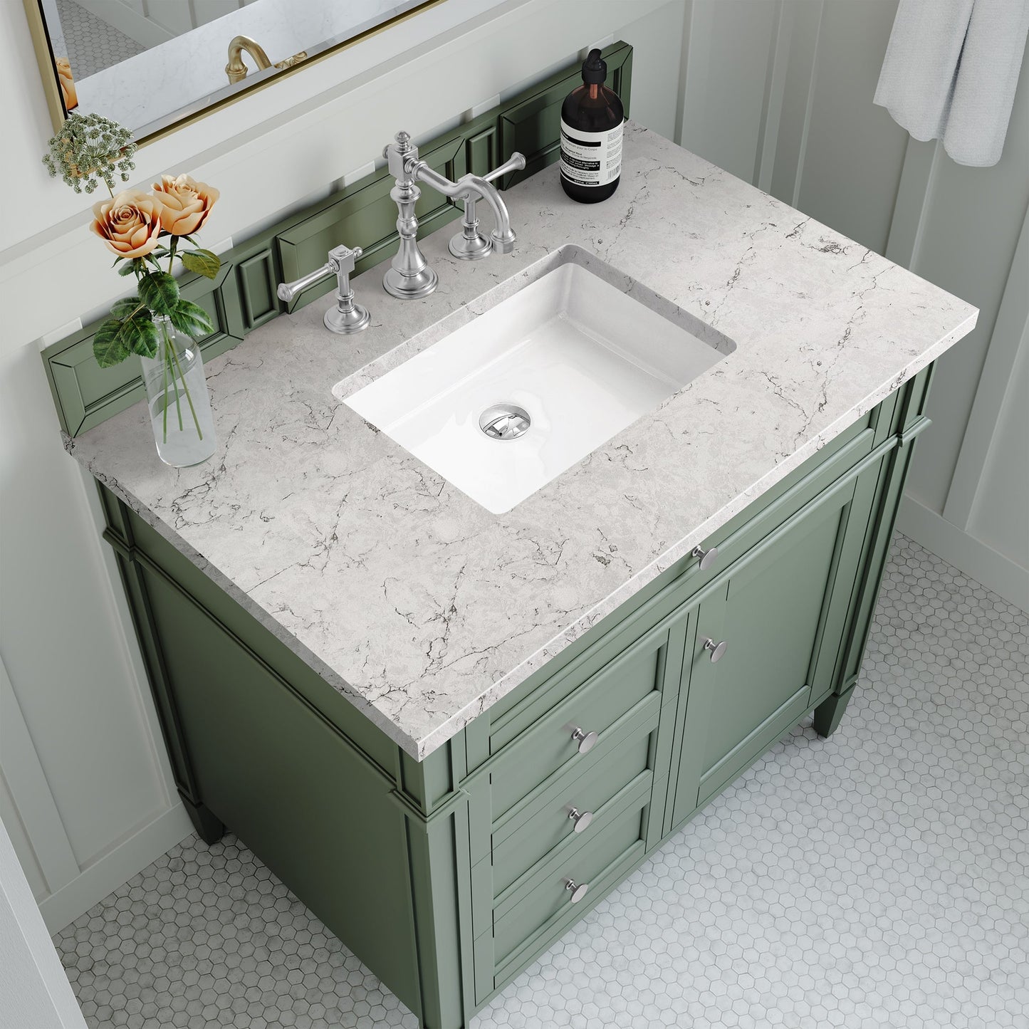 
                  
                    Brittany 30" Single Bathroom Vanity in Smokey Celadon Single Bathroom Vanity James Martin Vanities Eternal Jasmine Pearl Silestone 
                  
                