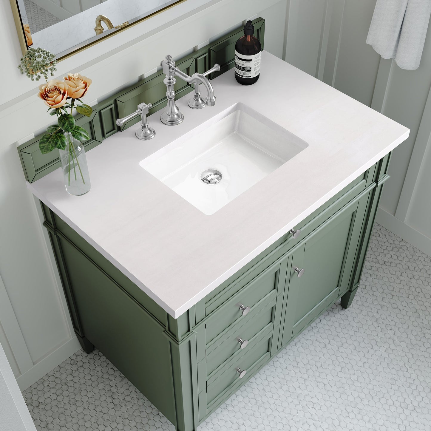 
                  
                    Brittany 30" Single Bathroom Vanity in Smokey Celadon Single Bathroom Vanity James Martin Vanities White Zeus Silestone 
                  
                