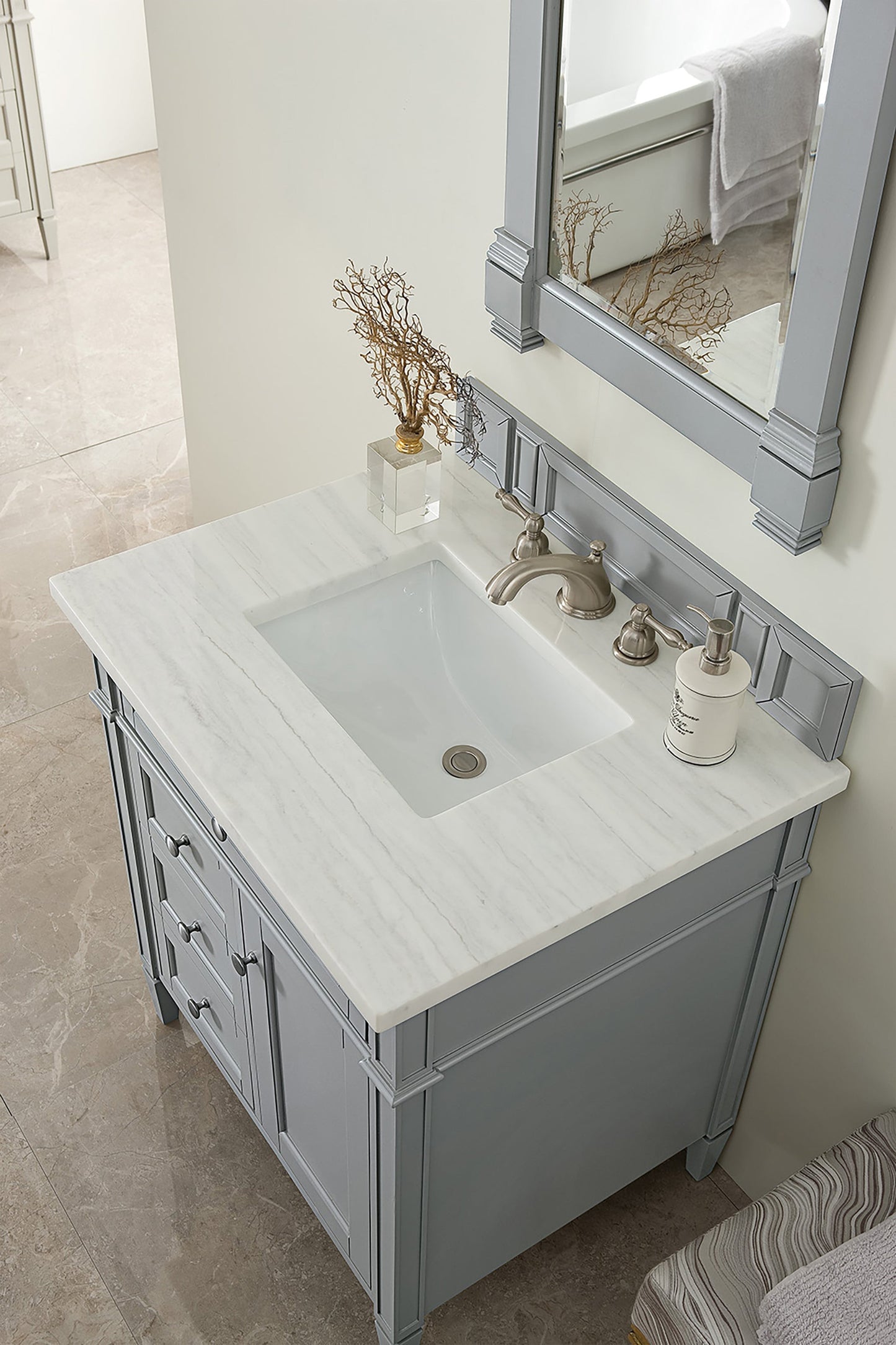 
                  
                    Brittany 30" Single Bathroom Vanity in Urban Gray Single Bathroom Vanity James Martin Vanities Arctic Fall Solid Surface 
                  
                